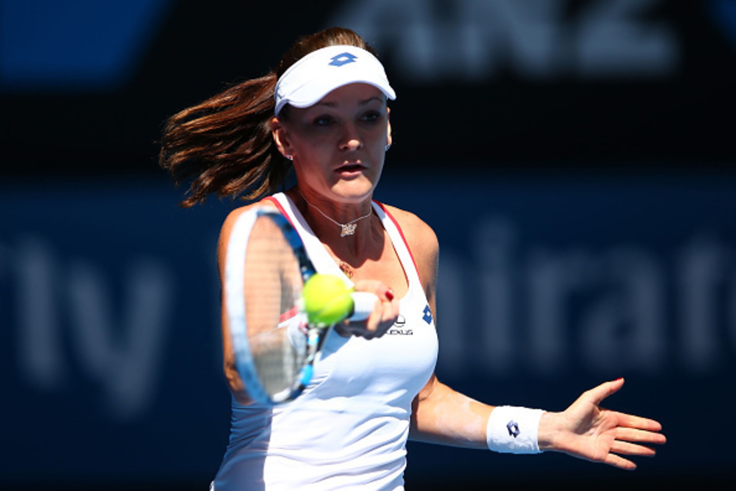 MELBOURNE, AUSTRALIA - JANUARY 24:  Agnieszka Radwanska of Poland plays a forehand in her third round match against Varvara Lepchenko of the United States during day six of the 2015 Australian Open at Melbourne Park on January 24, 2015 in Melbourne, Austr