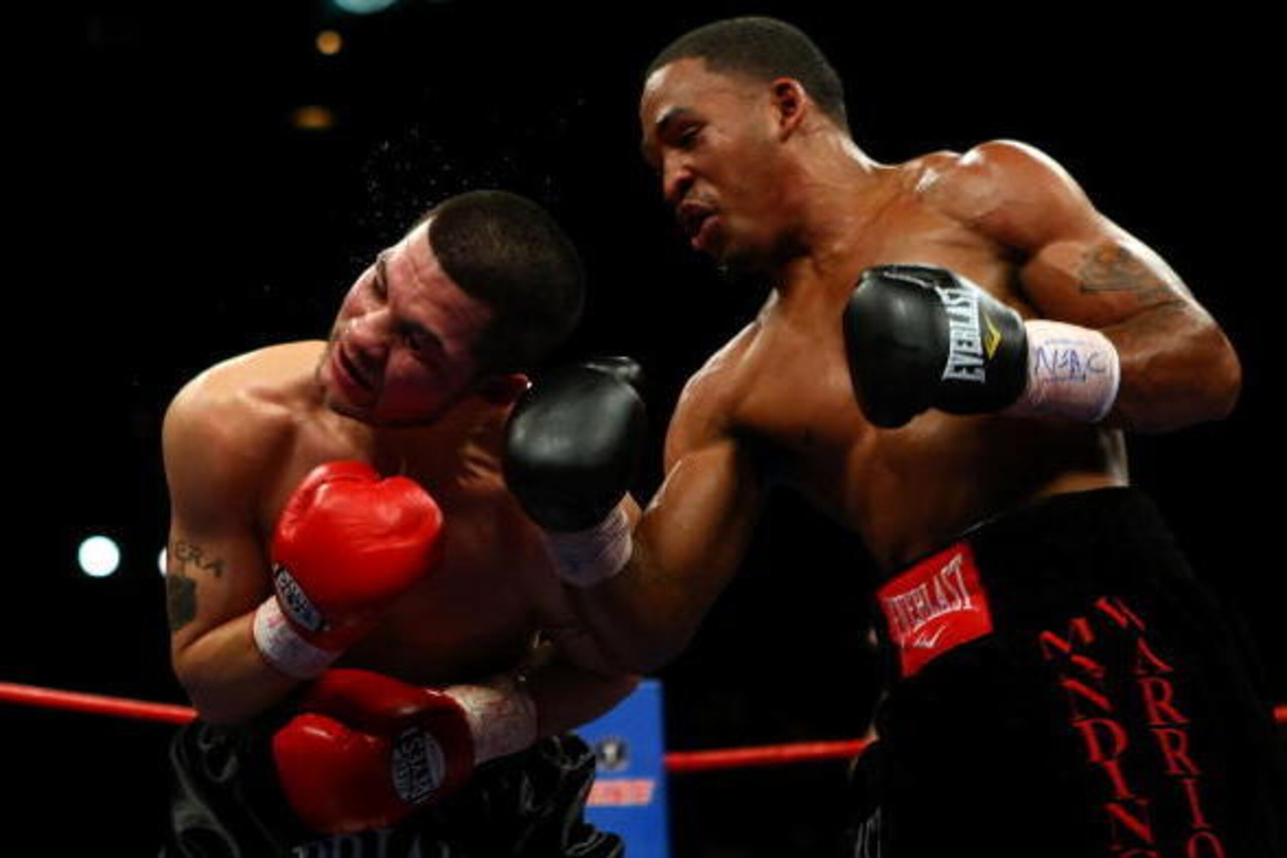LAS VEGAS - NOVEMBER 22:  (R-L) James Kirkland connects with a right to the face of Brian Vera during their middleweight fight at the MGM Grand Garden Arena November 22, 2008 in Las Vegas, Nevada.  (Photo by John Gichigi/Getty Images)