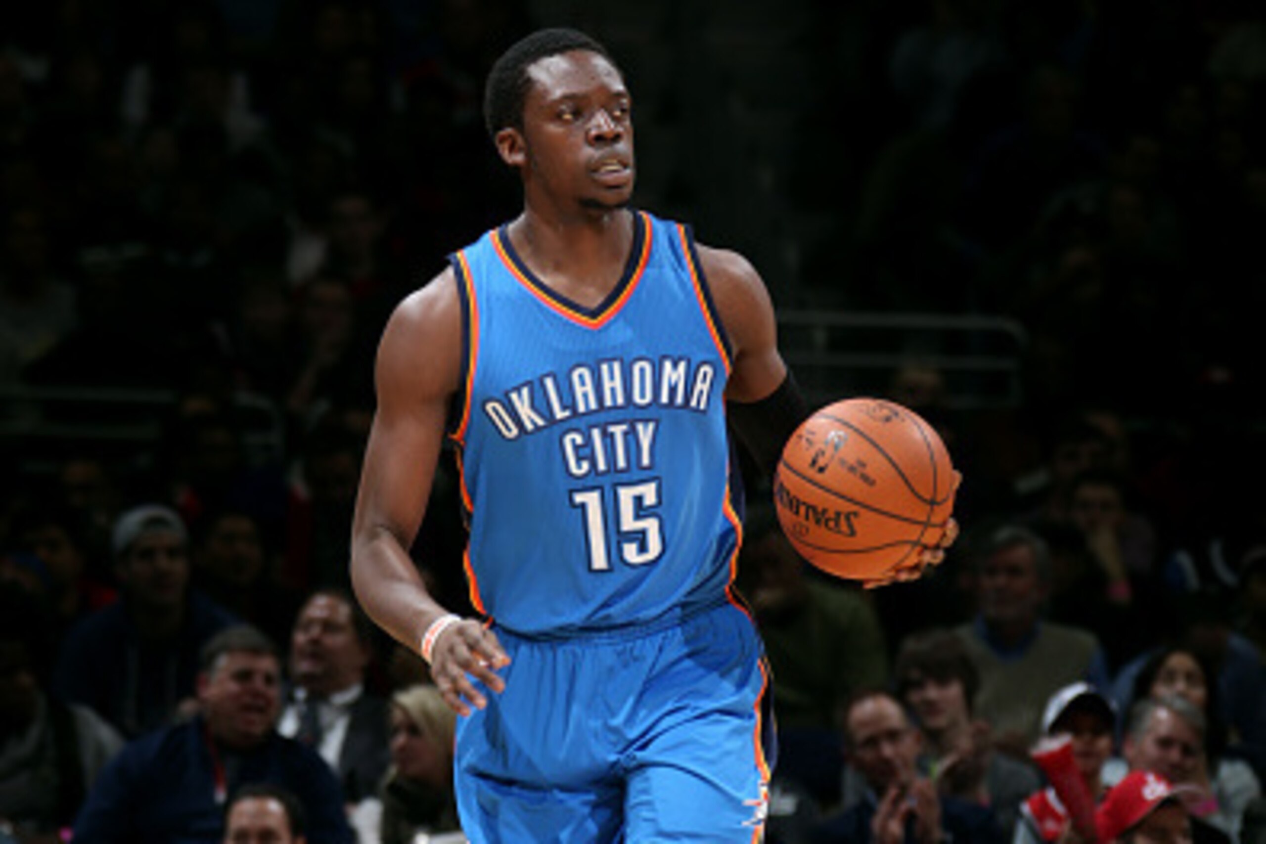 WASHINGTON, DC -  JANUARY 21: Reggie Jackson #15 of the Oklahoma City Thunder drives against the Washington Wizards on January 21, 2015 at Verizon Center in Washington, DC. NOTE TO USER: User expressly acknowledges and agrees that, by downloading and or u