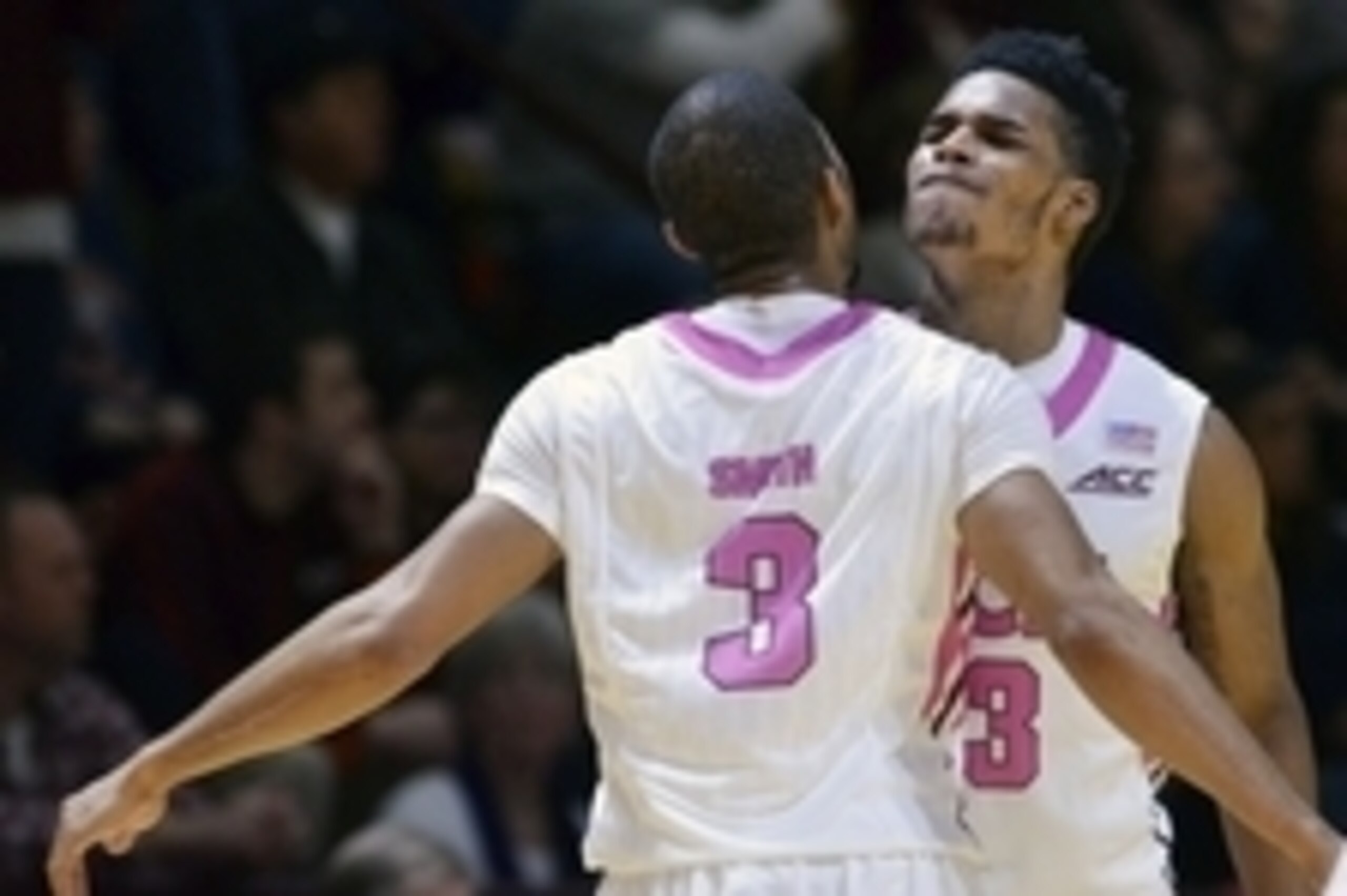 Jan 25, 2015; Blacksburg, VA, USA; Virginia Tech Hokies guard Ahmed Hill (13) reacts with guard Adam Smith (3) after a made basket against the Virginia Cavaliers in the first half at Cassell Coliseum. Mandatory Credit: Michael Shroyer-USA TODAY Sports