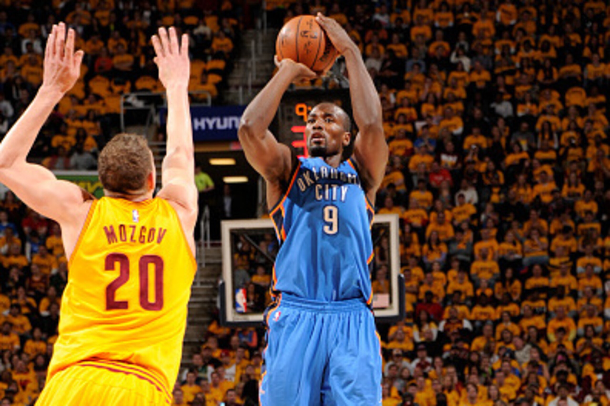 CLEVELAND, OH - JANUARY 25:  Serge Ibaka #9 of the Oklahoma City Thunder shoots the ball against the Cleveland Cavaliers during the game on January 25, 2015 at Quicken Loans Arena in Cleveland, Ohio. NOTE TO USER: User expressly acknowledges and agrees th