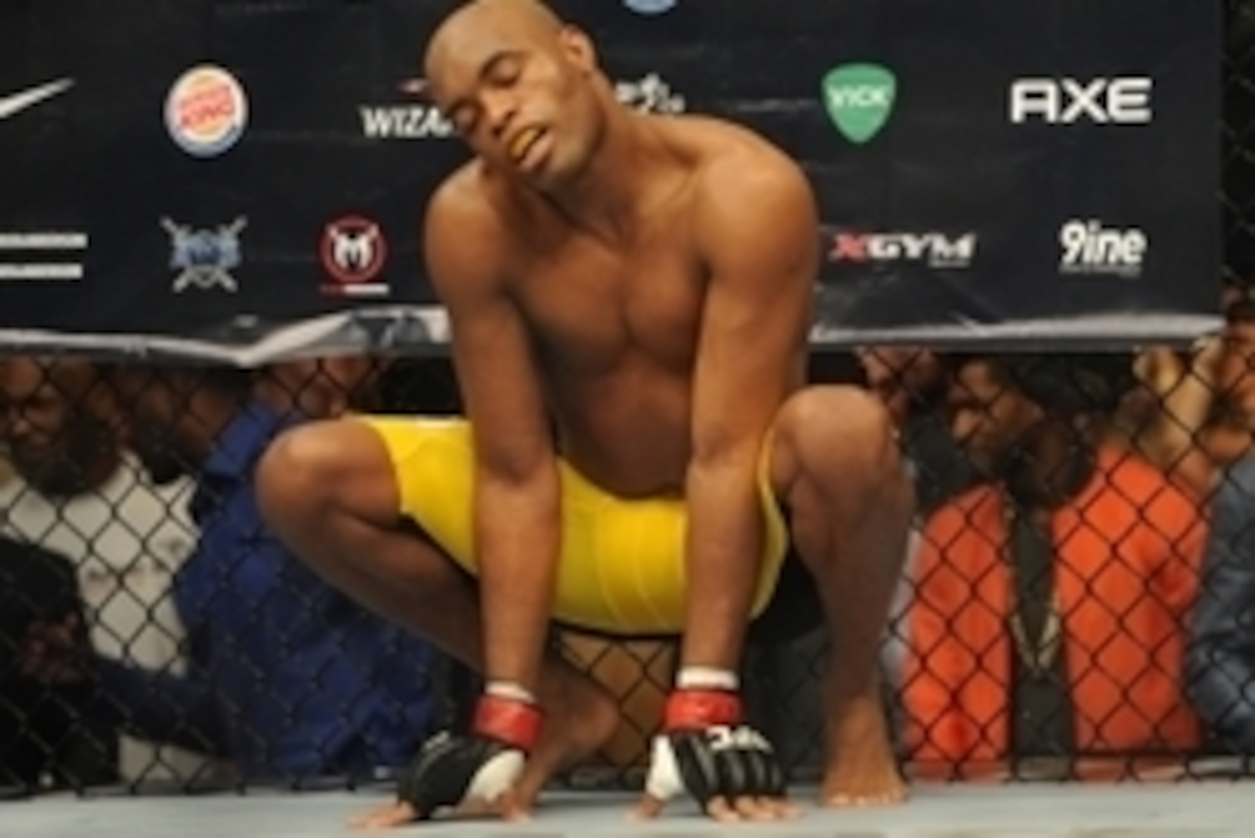 Jul 6, 2013; Las Vegas, NV, USA;  Anderson Silva (yellow shorts) is introduced for his Middleweight Chamionship Bout at the MGM Grand Garden Arena. Chris Weidman defeated Anderson in a TKO in the second round. Mandatory Credit: Jayne Kamin-Oncea-USA TODAY