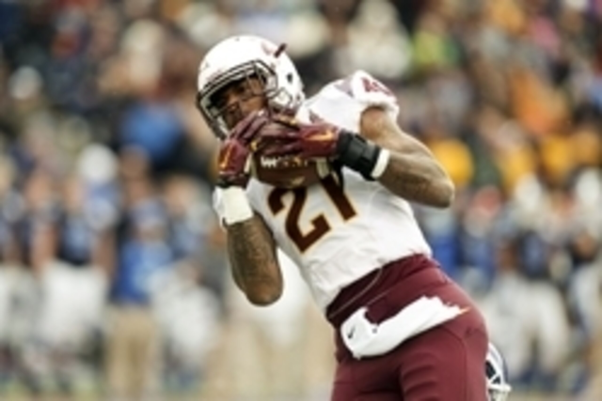 Dec 27, 2014; El Paso, TX, USA; Arizona State Sun Devils wide receiver Jaelen Strong (21) jumps in the air to catch a pass against the Duke Blue Devils in the 2014 Sun Bowl at Sun Bowl Stadium. Mandatory Credit: Ivan Pierre Aguirre-USA TODAY Sports