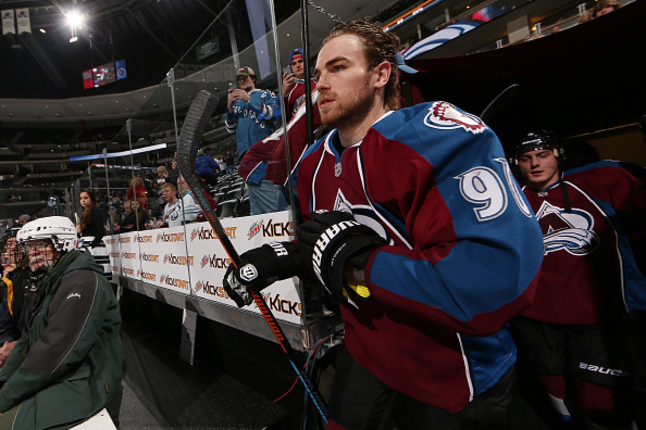 DENVER, CO - DECEMBER 31:Ryan O'Reilly #90 of the Colorado Avalanche takes to the ice prior to the game against the Philadelphia Flyers at the Pepsi Center on December 31, 2014 in Denver, Colorado.  (Photo by Michael Martin/NHLI via Getty Images)