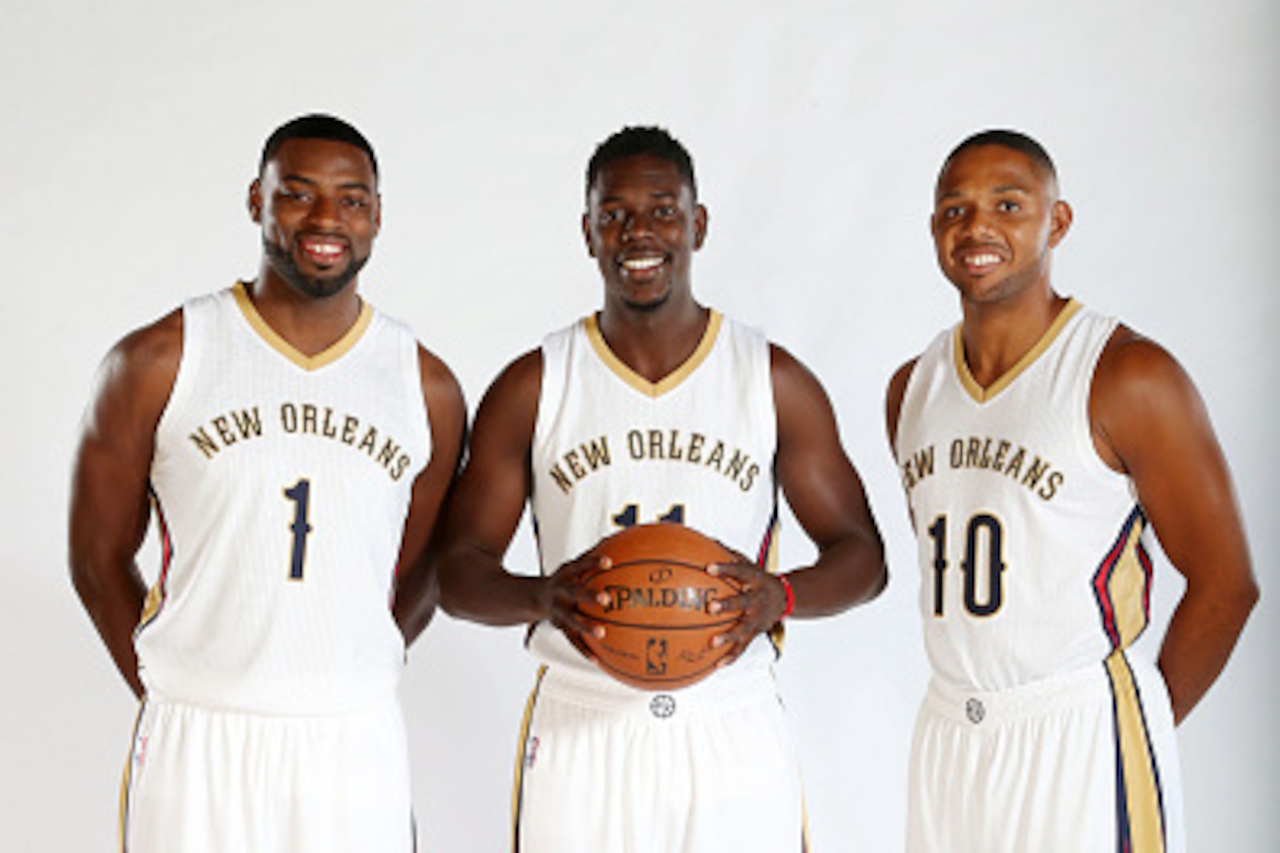 METAIRIE, LA - SEPTEMBER 29: Tyreke Evans #1, Jrue Holiday #11 and Eric Gordon t#10 of the New Orleans Pelicans pose for photos during NBA Media Day on September 29, 2014 at the New Orleans Pelicans practice facility in Metairie, Louisiana. NOTE TO USER: METAIRIE, LA - SEPTEMBER 29: Tyreke Evans #1, Jrue Holiday #11 and Eric Gordon t#10 of the New Orleans Pelicans pose for photos during NBA Media Day on September 29, 2014 at the New Orleans Pelicans practice facility in Metairie, Louisiana. NOTE TO USER: