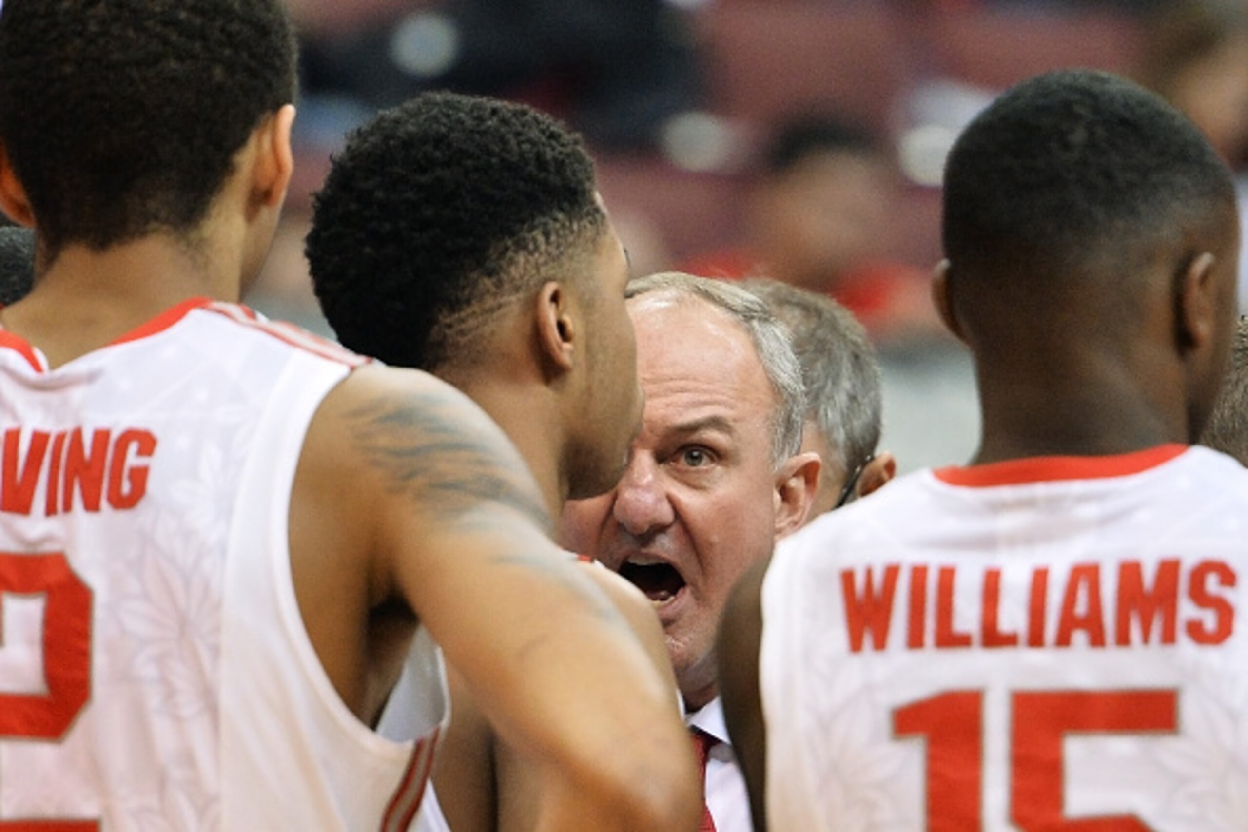 COLUMBUS, OH - JANUARY 13:  Head Coach Thad Matta of the Ohio State Buckeyes gives his players instructions before the start of the second half against the Michigan Wolverines on January 13, 2015 at Value City Arena in Columbus, Ohio. Ohio State defeated 
