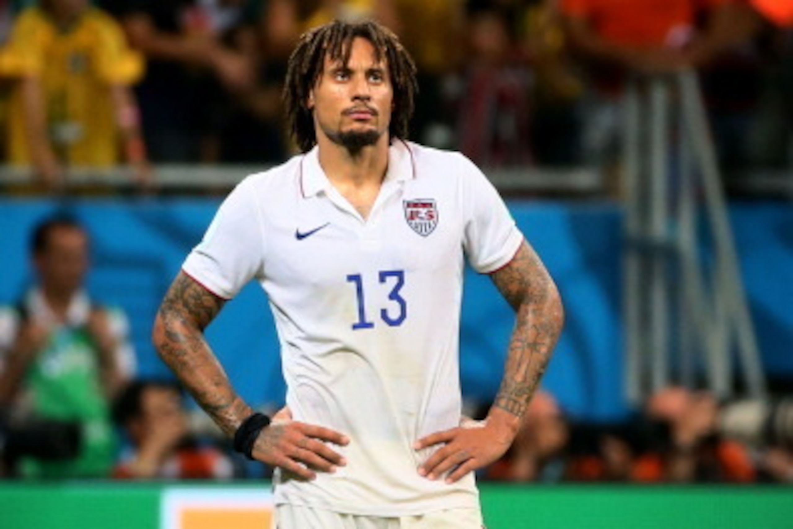 SALVADOR, BRAZIL - JULY 01: Jermaine Jones of the United States looks on after being defeated by Belgium 2-1 in extra time during the 2014 FIFA World Cup Brazil Round of 16 match between Belgium and the United States at Arena Fonte Nova on July 1, 2014 in