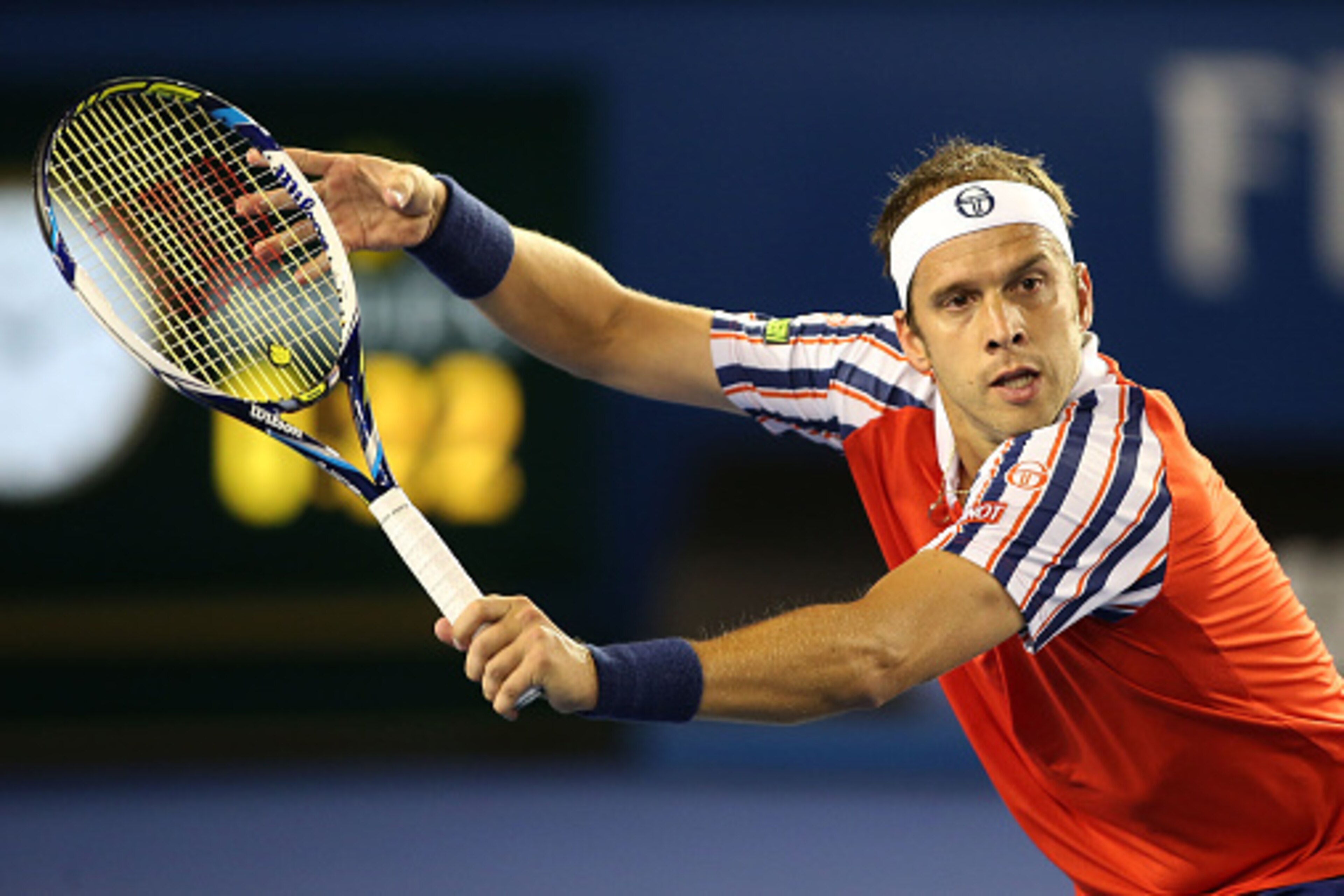MELBOURNE, AUSTRALIA - JANUARY 26:   Gilles Muller of Luxembourg during his match against Novak Djokovic of Serbia on Rod Laver Arena during day eight of the 2015 Australian Open at Melbourne Park on January 26, 2015 in Melbourne, Australia.  (Photo by Pa