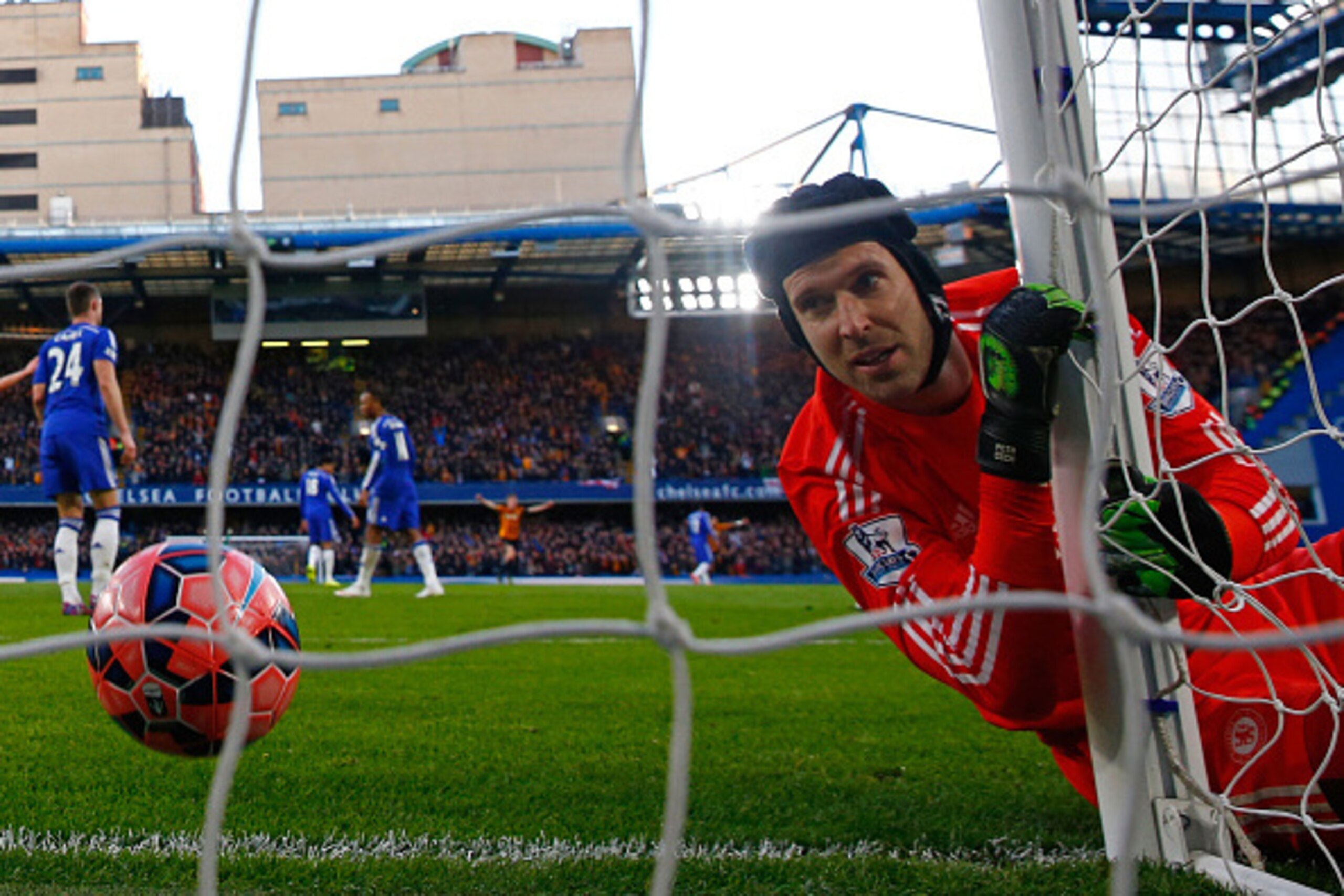 LONDON, ENGLAND - JANUARY 24:  Goalkeeper Petr Cech of Chelsea looks on after being beaten by the shot from Jonathan Stead of Bradford City during the FA Cup Fourth Round match between Chelsea and Bradford City at Stamford Bridge on January 24, 2015 in Lo