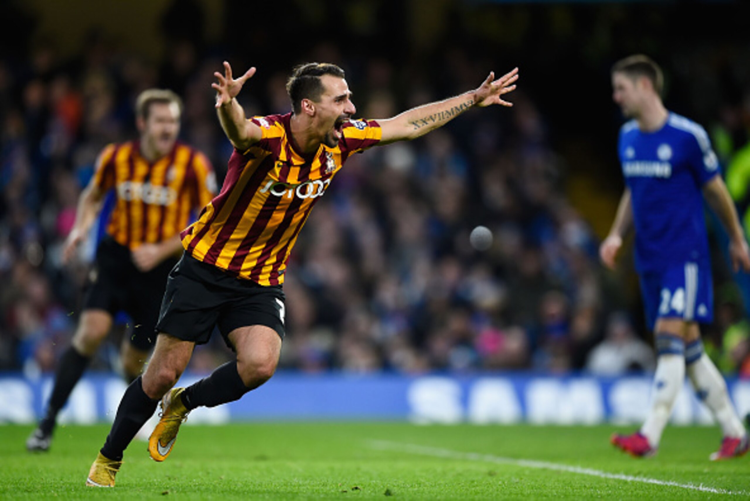 LONDON, ENGLAND - JANUARY 24:  Filipe Morais of Bradford City celebrates after scoring his team's second goal to level the scores at 2-2 during the FA Cup Fourth Round match between Chelsea and Bradford City at Stamford Bridge on January 24, 2015 in Londo