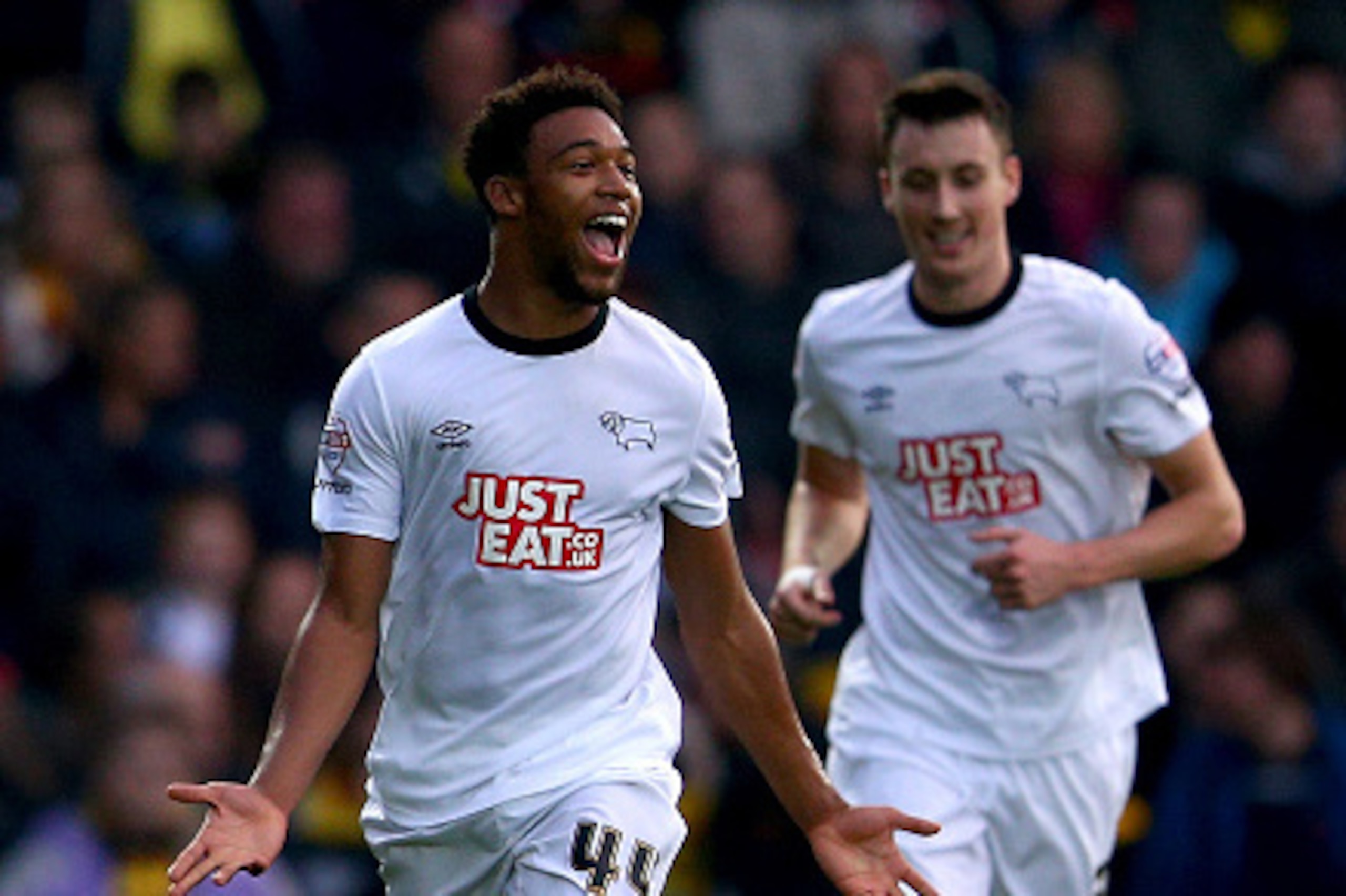 WATFORD, ENGLAND - NOVEMBER 22: Jordan Ibe of Derby County celebrates scoring the opening goal during the Sky Bet Championship match between Watford and Derby County at Vicarage Road on November 22, 2014 in Watford, England.  (Photo by Martin Willetts/Get