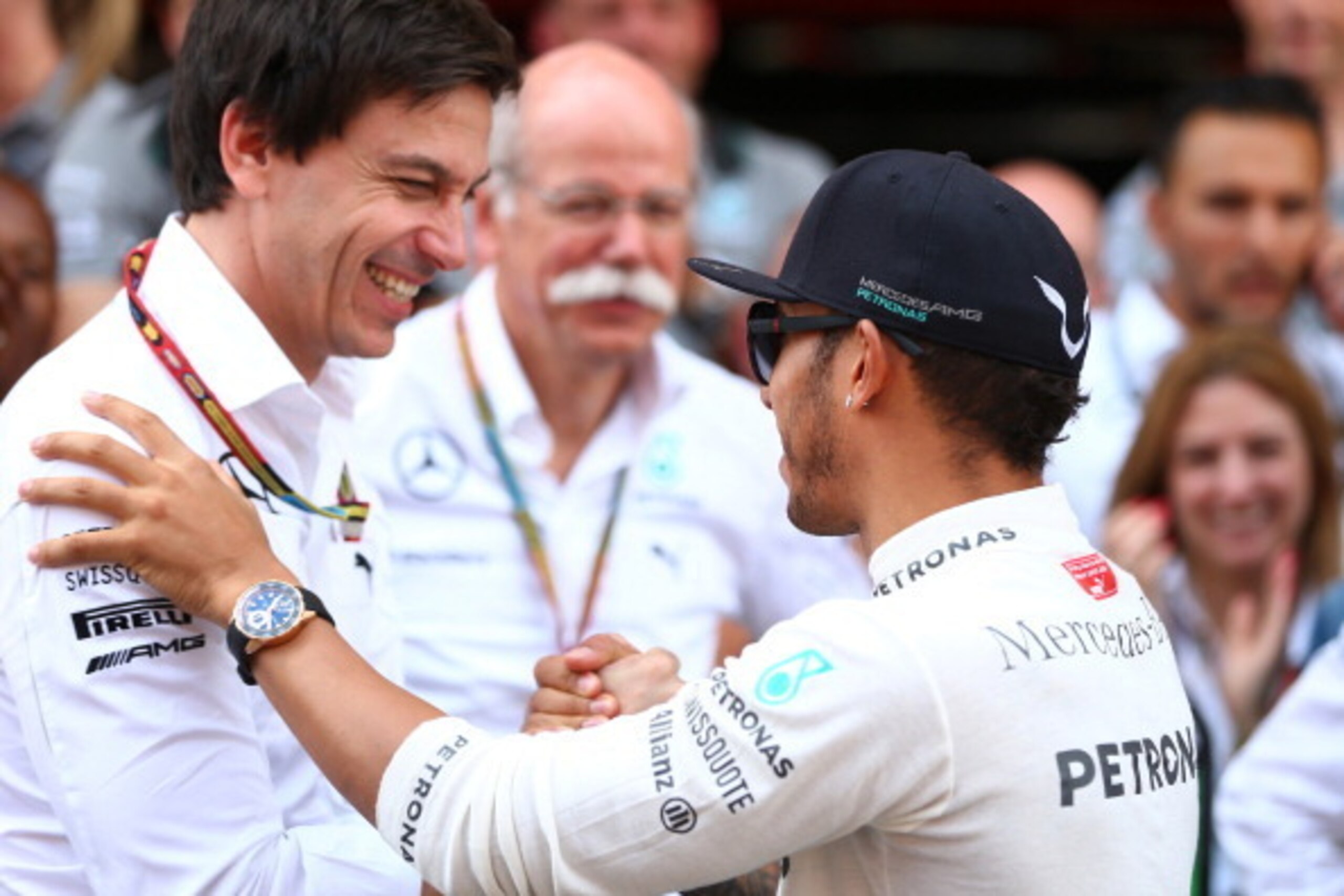 MONTMELO, SPAIN - MAY 11:  Lewis Hamilton of Great Britain and Mercedes GP shakes hands with Mercedes GP Executive Director Toto Wolff after his victory in the Spanish Formula One Grand Prix at Circuit de Catalunya on May 11, 2014 in Montmelo, Spain.  (Ph