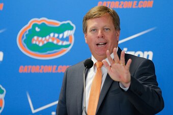 GAINESVILLE, FL - DECEMBER 06:  Florida Gators head coach Jim McElwain speaks during an introductory press conference on December 6, 2014 in Gainesville, Florida. McElwain has left Colorado State and replaces ex-Florida coach Will Muschamp who was fired e