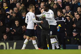 LONDON, ENGLAND - JANUARY 24:  Emmanuel Adebayour of Spurs comes on as a second half substitute for Roberto Soldado of Spurs during the FA Cup Fourth Round match between Tottenham Hotspur and Leicester City at White Hart Lane on January 24, 2015 in London