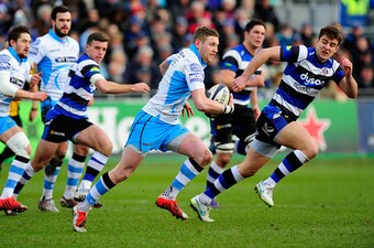 BATH, ENGLAND - JANUARY 25:  Glasgow flyhalf Finn Russell starts an attack from deep in his own half during the European Rugby Champions Cup match between Bath Rugby and Glasgow Warriors  at Recreation Ground on January 25, 2015 in Bath, England.  (Photo 