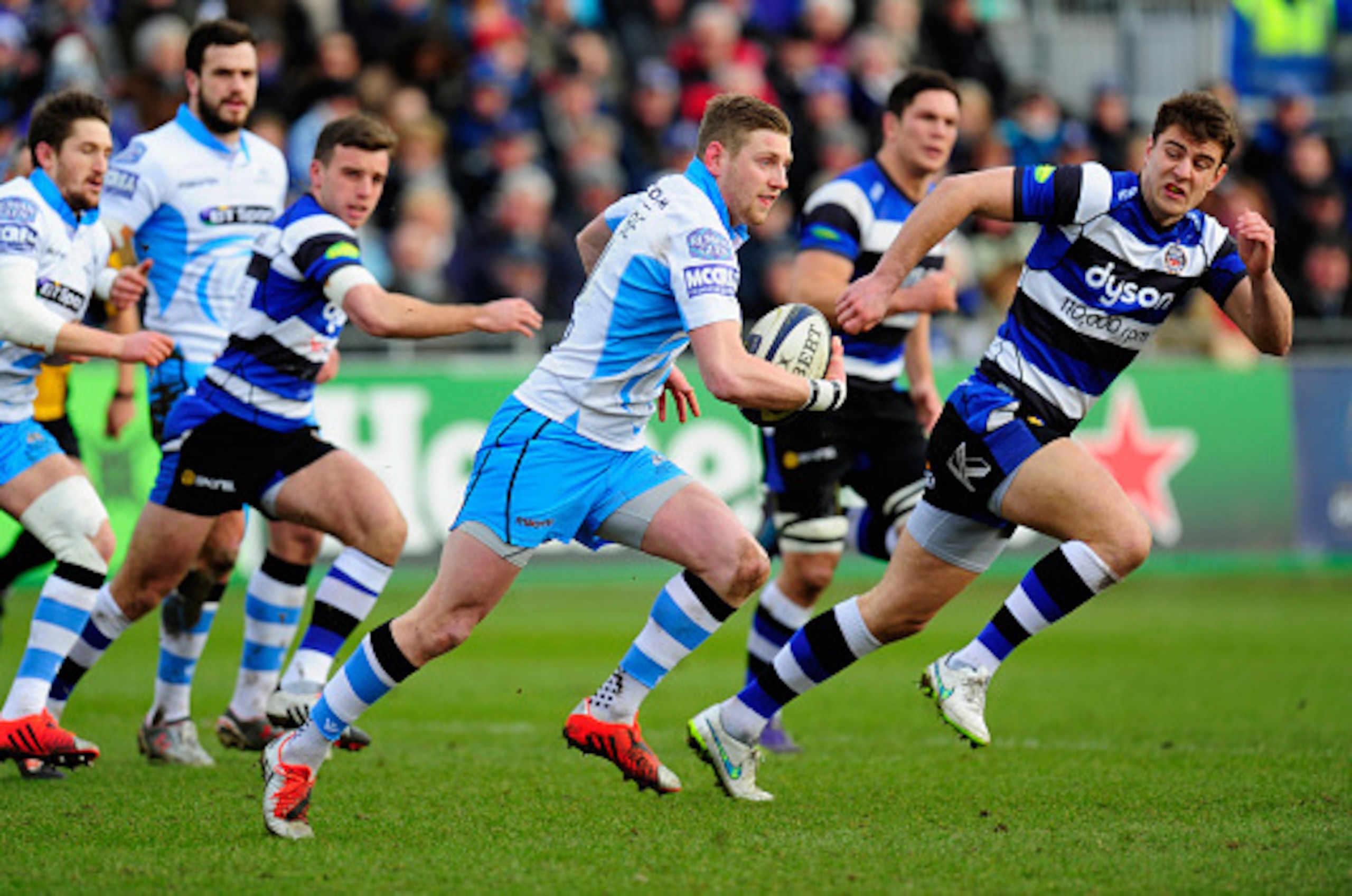 BATH, ENGLAND - JANUARY 25:  Glasgow flyhalf Finn Russell starts an attack from deep in his own half during the European Rugby Champions Cup match between Bath Rugby and Glasgow Warriors  at Recreation Ground on January 25, 2015 in Bath, England.  (Photo 