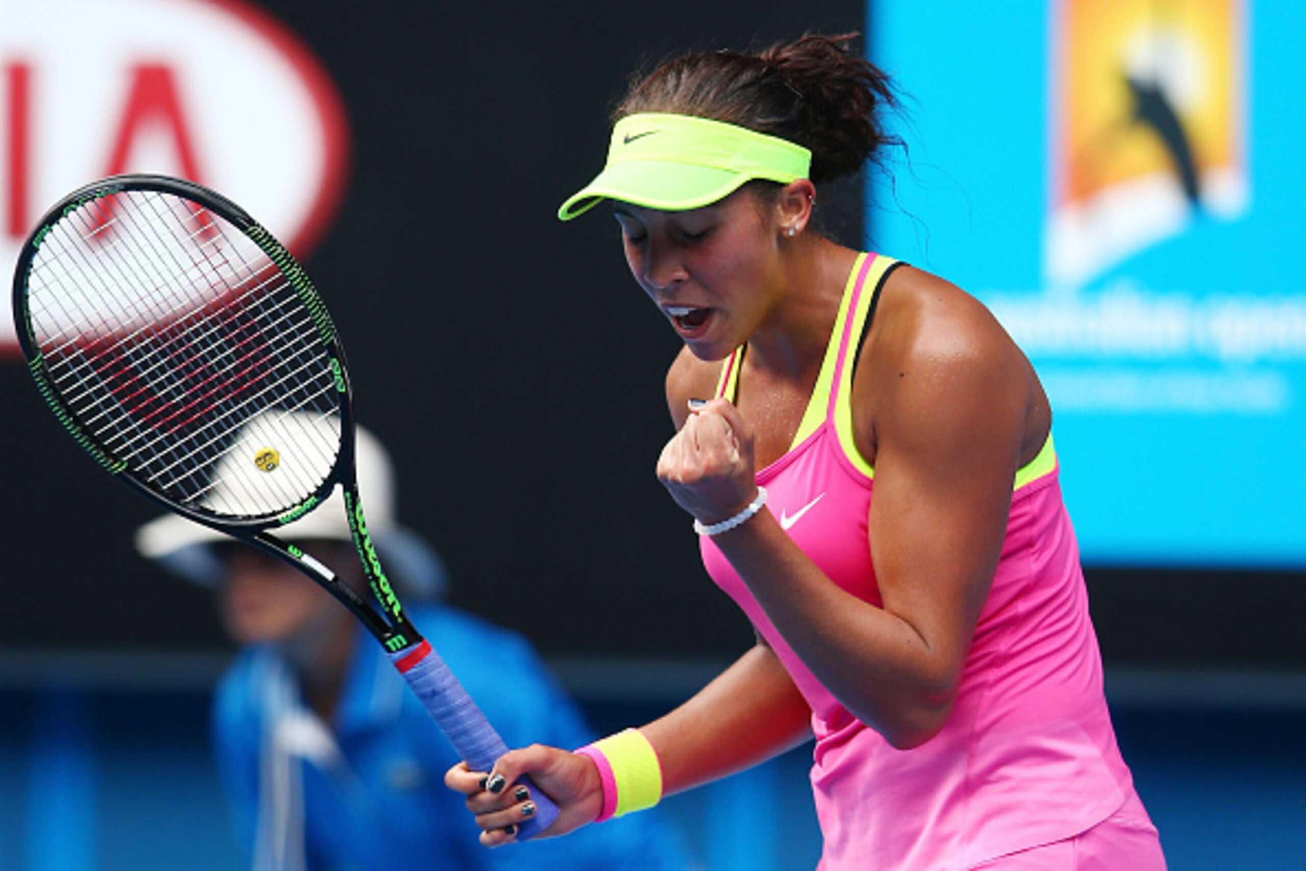 MELBOURNE, AUSTRALIA - JANUARY 22:  Madison Keys of the United States celebrates winning her second round match against Casey Dellacqua of Australia during day four of the 2015 Australian Open at Melbourne Park on January 22, 2015 in Melbourne, Australia.