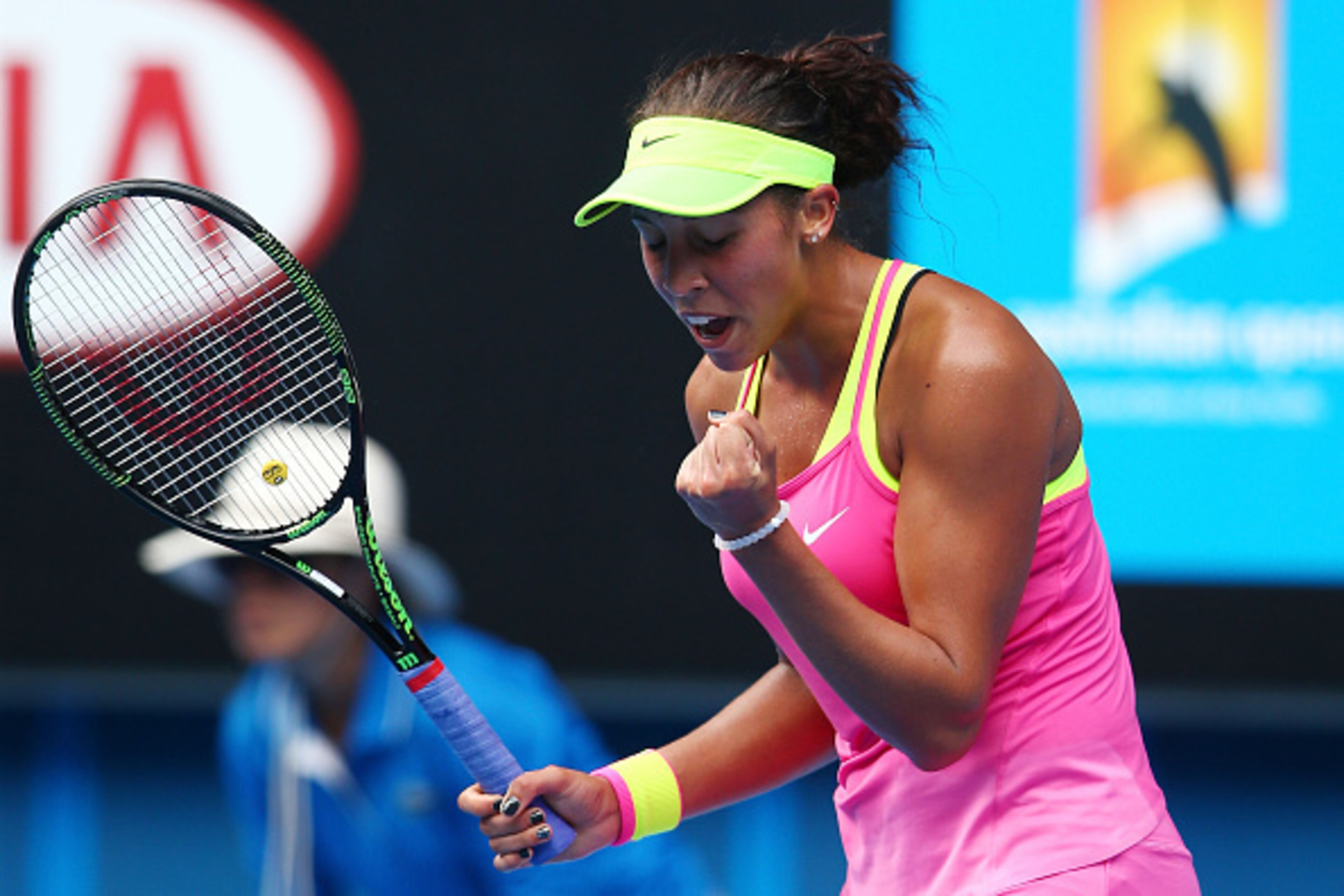 MELBOURNE, AUSTRALIA - JANUARY 22:  Madison Keys of the United States celebrates winning her second round match against Casey Dellacqua of Australia during day four of the 2015 Australian Open at Melbourne Park on January 22, 2015 in Melbourne, Australia.