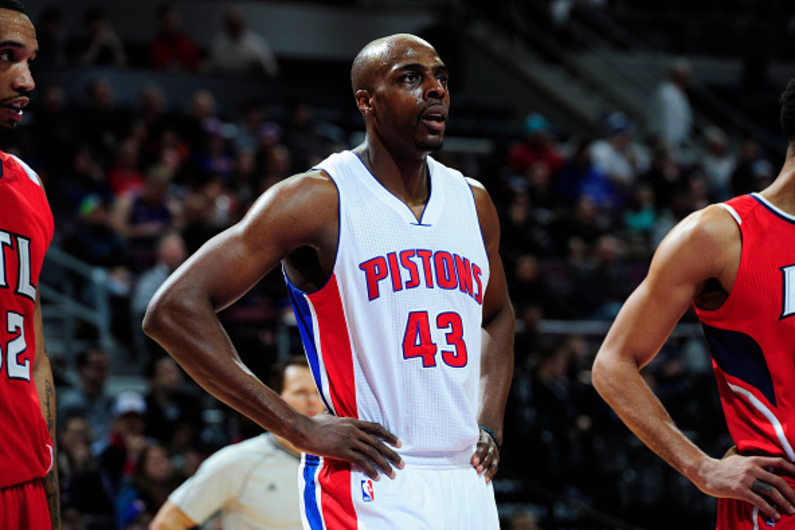 AUBURN HILLS, MI - JANUARY 9: Anthony Tolliver #43 of the Detroit Pistons stands on the court during a game against the Atlanta Hawks on January 9, 2015 at The Palace of Auburn Hills in Auburn Hills, Michigan. NOTE TO USER: User expressly acknowledges and