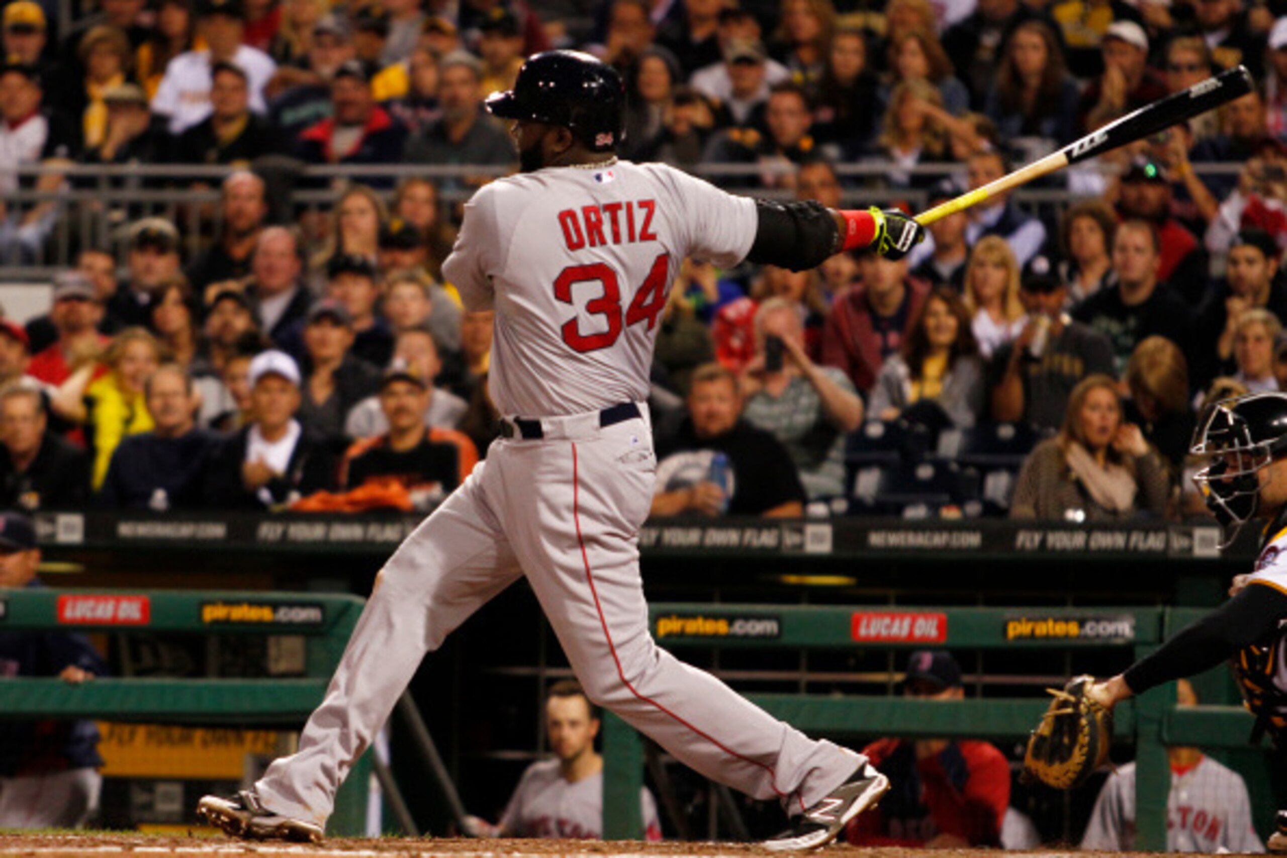 PITTSBURGH, PA - SEPTEMBER 18:  David Ortiz #34 of the Boston Red Sox strikes out to end the eighth inning against the Pittsburgh Pirates during inter-league play at PNC Park on September 18, 2014 in Pittsburgh, Pennsylvania.  (Photo by Justin K. Aller/Ge