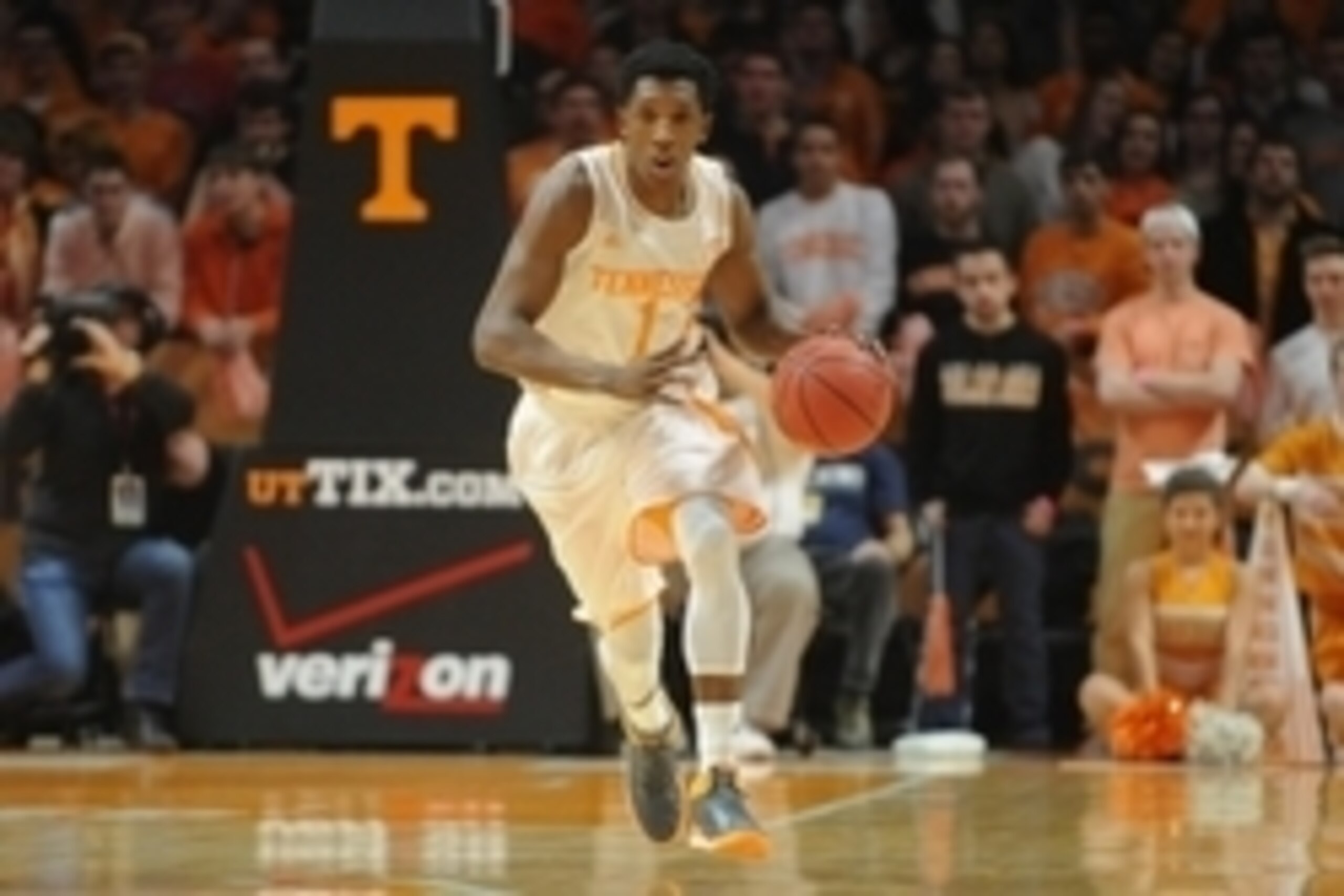 Jan 10, 2015; Knoxville, TN, USA; Tennessee Volunteers guard Josh Richardson (1) brings the ball up court against the Alabama Crimson Tide during the game at Thompson-Boling Arena. Mandatory Credit: Randy Sartin-USA TODAY Sports