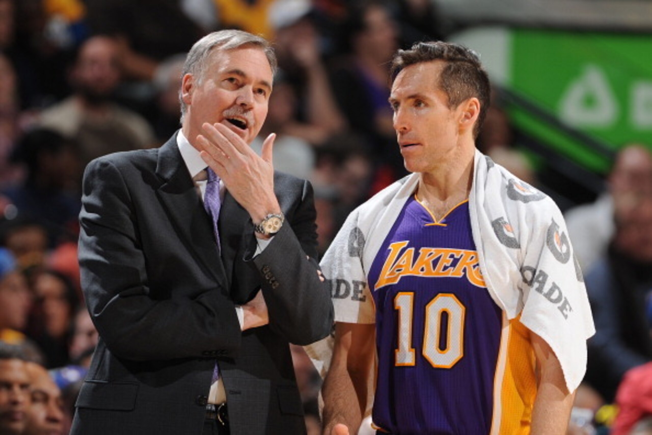 DENVER, CO - DECEMBER 26: Head Coach Mike D'Antoni talks with Steve Nash #10 of the Los Angeles Lakers during the game against the Denver Nuggets on December 26, 2012 at the Pepsi Center in Denver, Colorado. NOTE TO USER: User expressly acknowledges and a