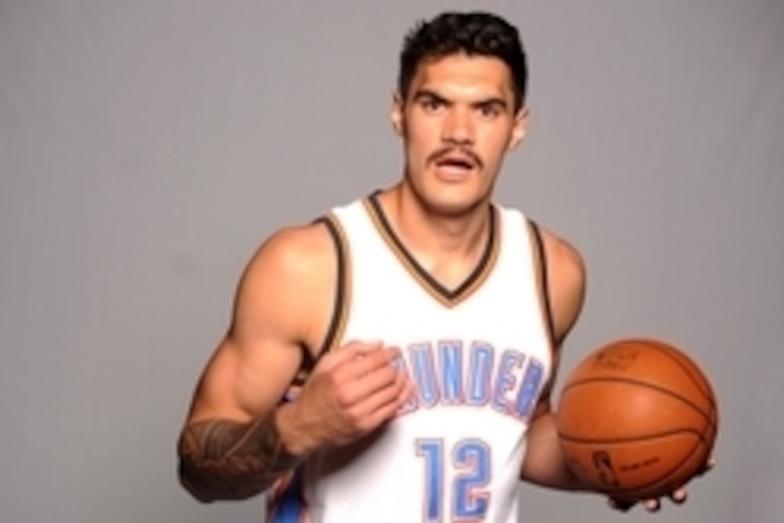Sep 29, 2014; Oklahoma City, OK, USA; Oklahoma City Thunder center Steven Adams (12) poses during media day at Chesapeake Energy Arena. Mandatory Credit: Mark D. Smith-USA TODAY Sports