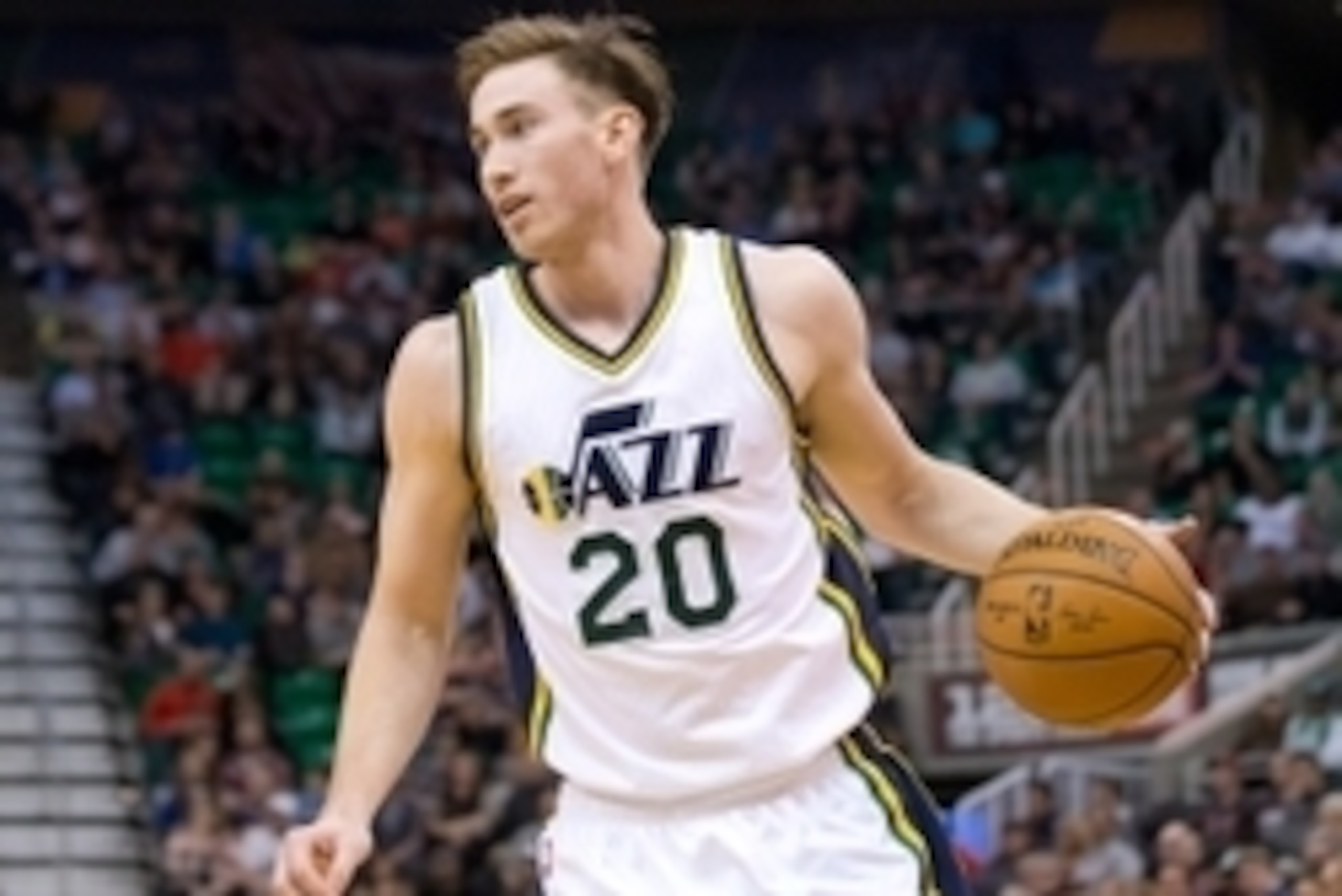 Jan 26, 2015; Salt Lake City, UT, USA; Utah Jazz forward Gordon Hayward (20) dribbles the ball during the second half against the Boston Celtics at EnergySolutions Arena. The Celtics won 99-90. Mandatory Credit: Russ Isabella-USA TODAY Sports