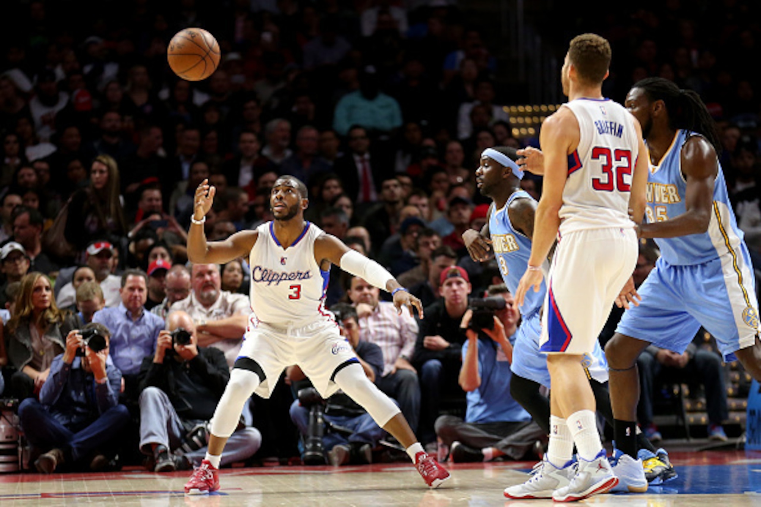 LOS ANGELES, CA - JANUARY 26: Chris Paul #3 of the Los Angeles Clippers waits for a pass in the game against the Denver Nuggets at Staples Center on January 26, 2015 in Los Angeles, California.  NOTE TO USER: User expressly acknowledges and agrees that, b