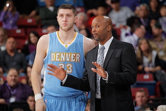 SACRAMENTO, CA - NOVEMBER 5: Head coach Brian Shaw of the Denver Nuggets coaches his player Jusuf Nurkic #23 against the Sacramento Kings on November 5, 2014 at Sleep Train Arena in Sacramento, California. NOTE TO USER: User expressly acknowledges and agr