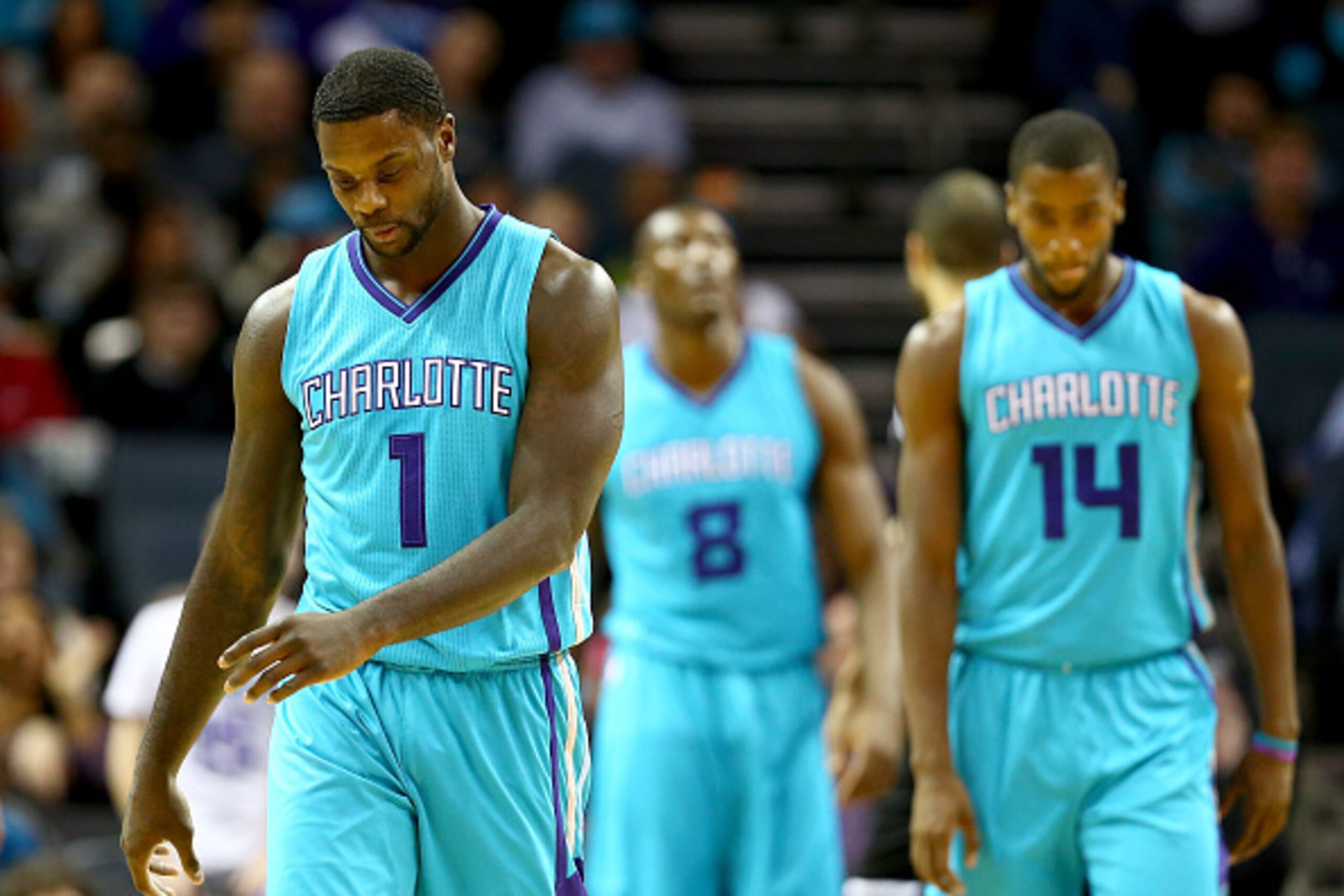 CHARLOTTE, NC - DECEMBER 13:  Lance Stephenson #1 of the Charlotte Hornets walks off the court against the Brooklyn Nets during their game at Time Warner Cable Arena on December 13, 2014 in Charlotte, North Carolina. NOTE TO USER: User expressly acknowled