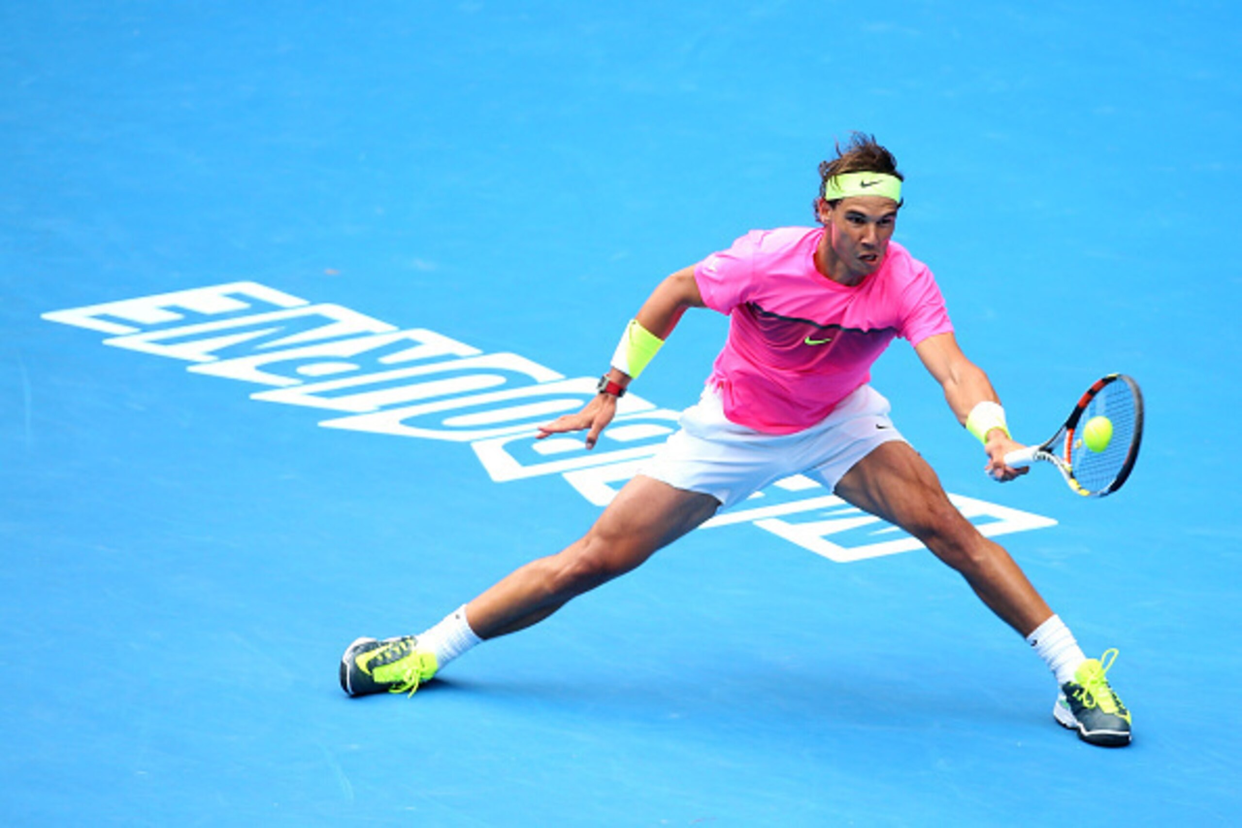 MELBOURNE, AUSTRALIA - JANUARY 27:  Rafael Nadal of Spain plays a forehand in his quarterfinal match against Tomas Berdych of the Czech Republic during day nine of the 2015 Australian Open at Melbourne Park on January 27, 2015 in Melbourne, Australia.  (P
