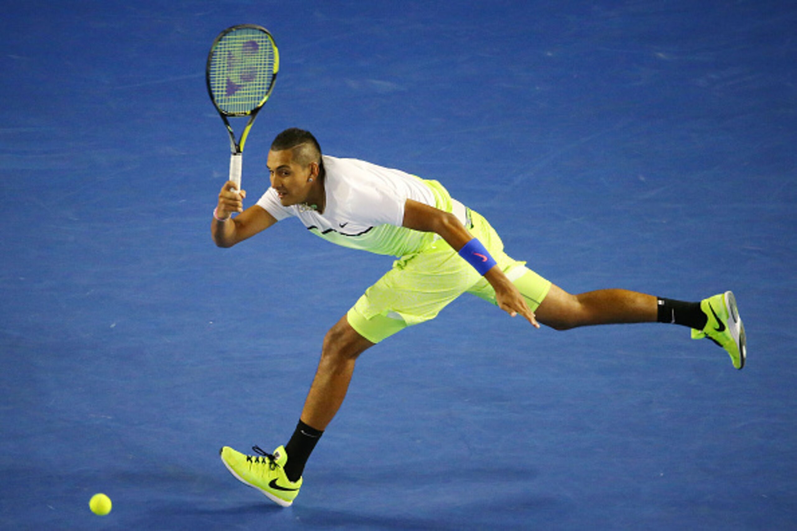 MELBOURNE, AUSTRALIA - JANUARY 27:  Nick Kyrgios of Australia plays a forehand in his quarterfinal match against Andy Murray of Great Britain during day nine of the 2015 Australian Open at Melbourne Park on January 27, 2015 in Melbourne, Australia.  (Phot