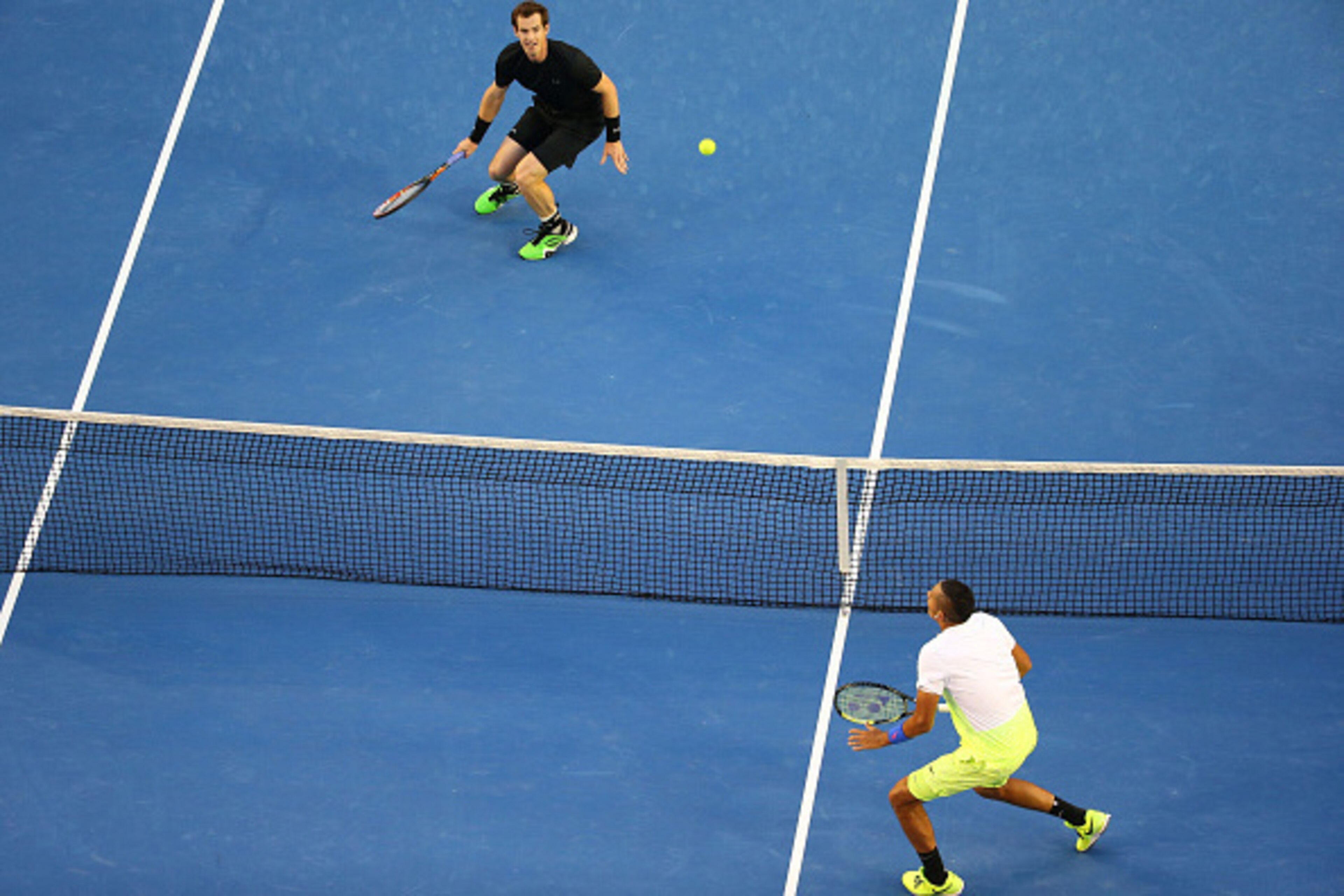 MELBOURNE, AUSTRALIA - JANUARY 27:  Andy Murray of Great Britain plays a forehand in his quarterfinal match against Nick Kyrgios of Australia during day nine of the 2015 Australian Open at Melbourne Park on January 27, 2015 in Melbourne, Australia.  (Phot
