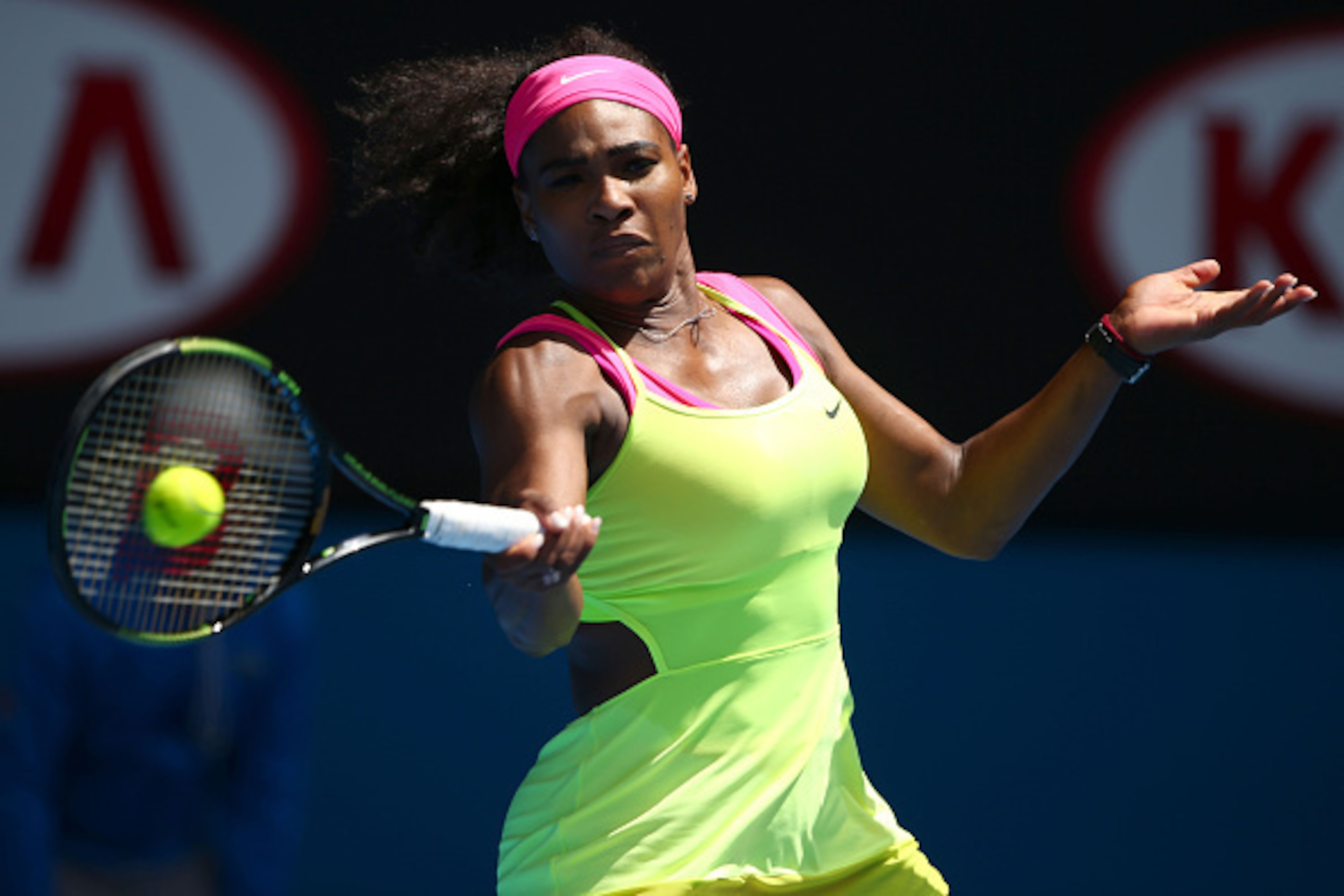 MELBOURNE, AUSTRALIA - JANUARY 26: Serena Williams of the United States plays a forehand in her fourth round match against Garbine Muguruza of Spain during day eight of the 2015 Australian Open at Melbourne Park on January 26, 2015 in Melbourne, Australi MELBOURNE, AUSTRALIA - JANUARY 26: Serena Williams of the United States plays a forehand in her fourth round match against Garbine Muguruza of Spain during day eight of the 2015 Australian Open at Melbourne Park on January 26, 2015 in Melbourne, Australi