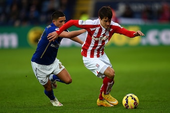 LEICESTER, ENGLAND - JANUARY 17:  Bojan Krkic of Stoke City battles for the ball with Anthony Knockaert of Leicester City during the Barclays Premier League match between Leicester City and Stoke City at The King Power Stadium on January 17, 2015 in Leice