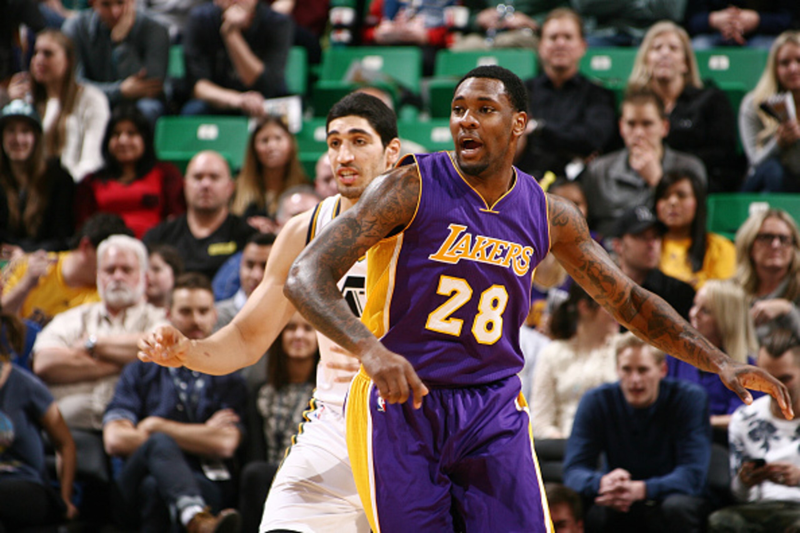 SALT LAKE CITY, UT - JANUARY 16: Tarik Black #28 of the Los Angeles Lakers battles for position against the Utah Jazz at EnergySolutions Arena on January 16, 2015 in Salt Lake City, Utah. NOTE TO USER: User expressly acknowledges and agrees that, by downl