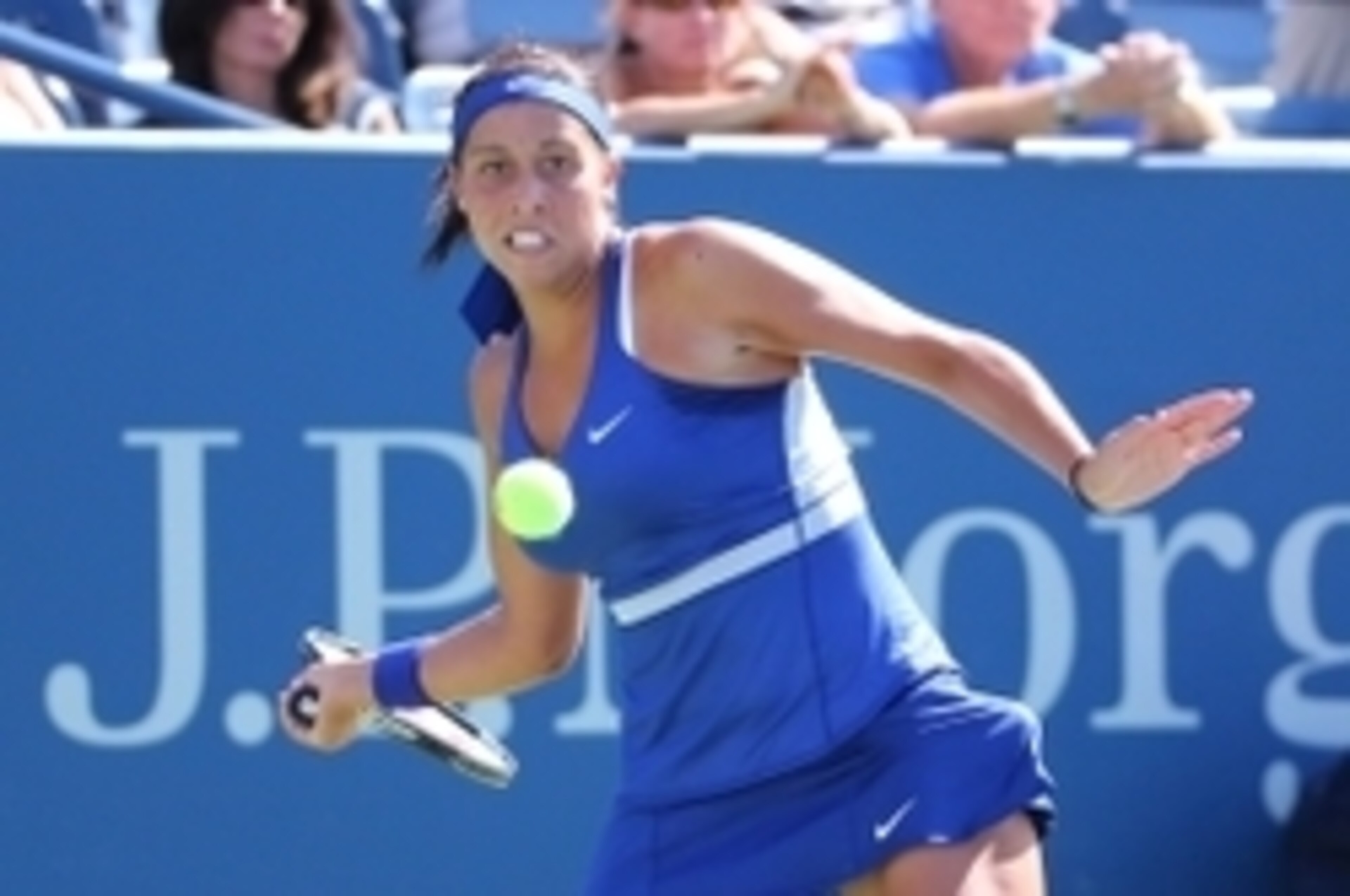 Aug 28, 2014; New York, NY, USA;  Madison Keys (USA) returns a shot to Aleksandra Krunic (SRB) on Armstrong Stadium on day four of the 2014 U.S. Open tennis tournament at USTA Billie Jean King National Tennis Center. Mandatory Credit: Anthony Gruppuso-USA