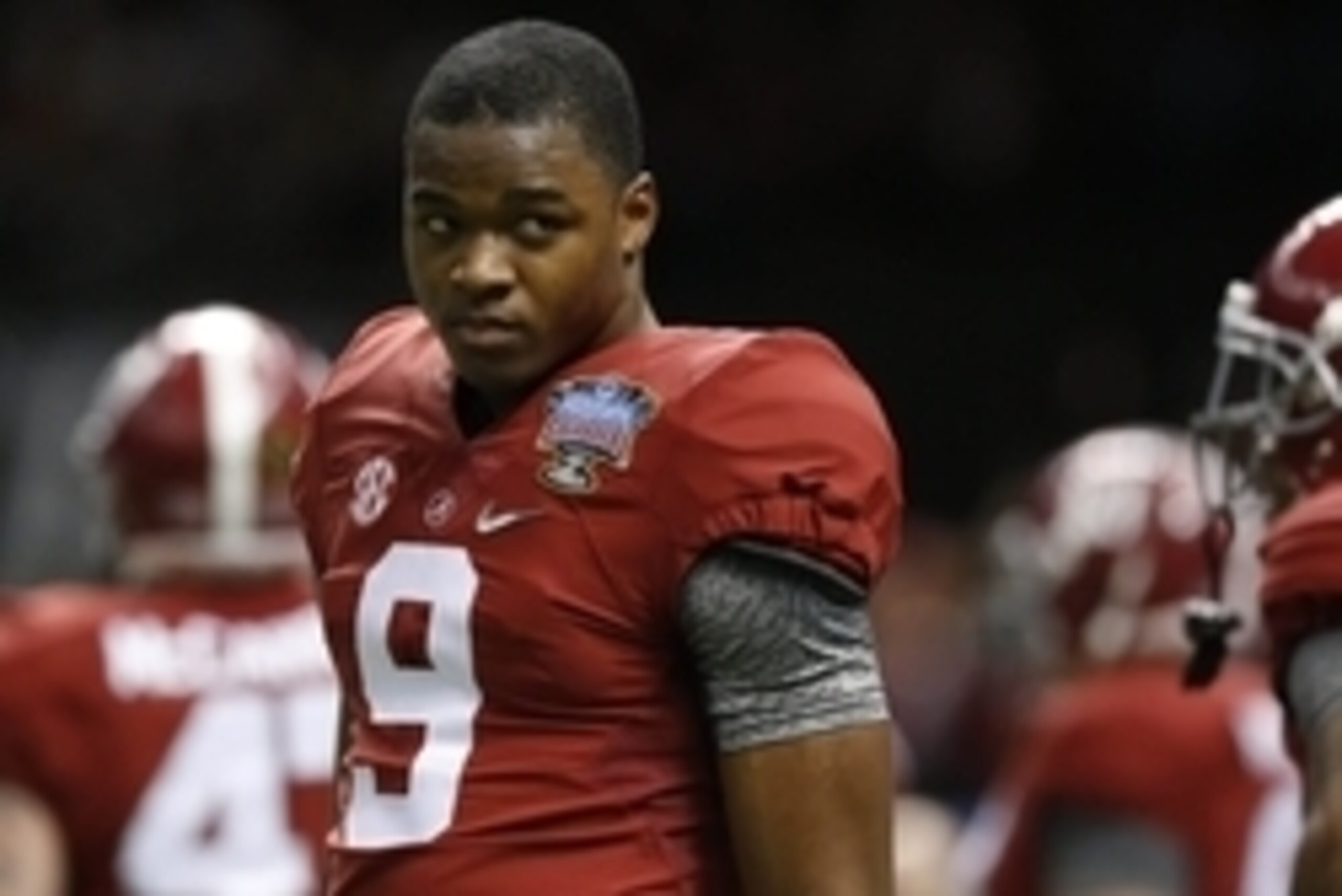 Jan 1, 2015; New Orleans, LA, USA; Alabama Crimson Tide wide receiver Amari Cooper (9) during warm-ups prior to the 2015 Sugar Bowl against the Ohio State Buckeyes  at Mercedes-Benz Superdome. Mandatory Credit: Matthew Emmons-USA TODAY Sports