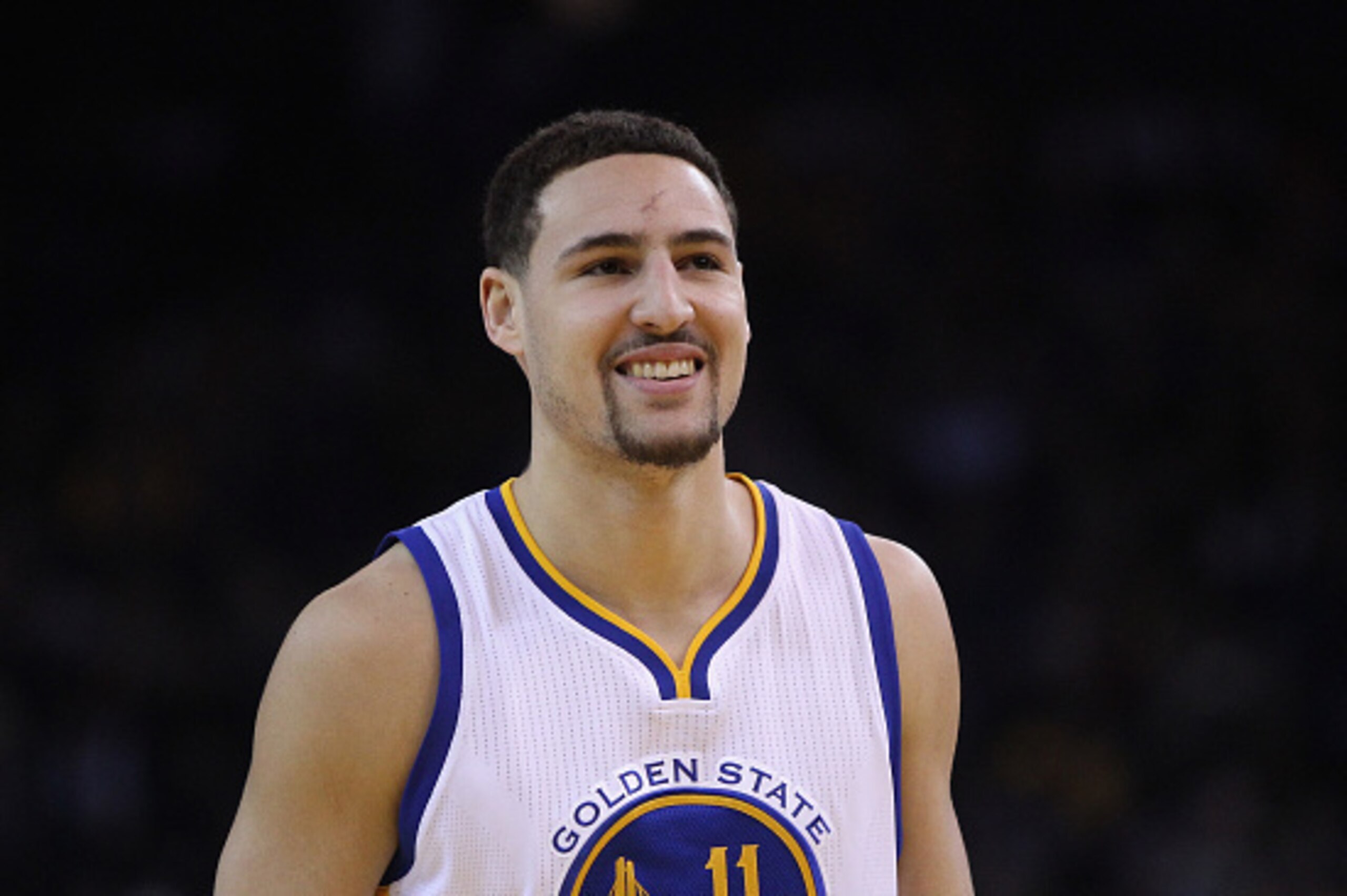 OAKLAND, CA - JANUARY 25:  Klay Thompson #11 of the Golden State Warriors stands on the court during their game against the Boston Celtics at ORACLE Arena on January 25, 2015 in Oakland, California. NOTE TO USER: User expressly acknowledges and agrees tha
