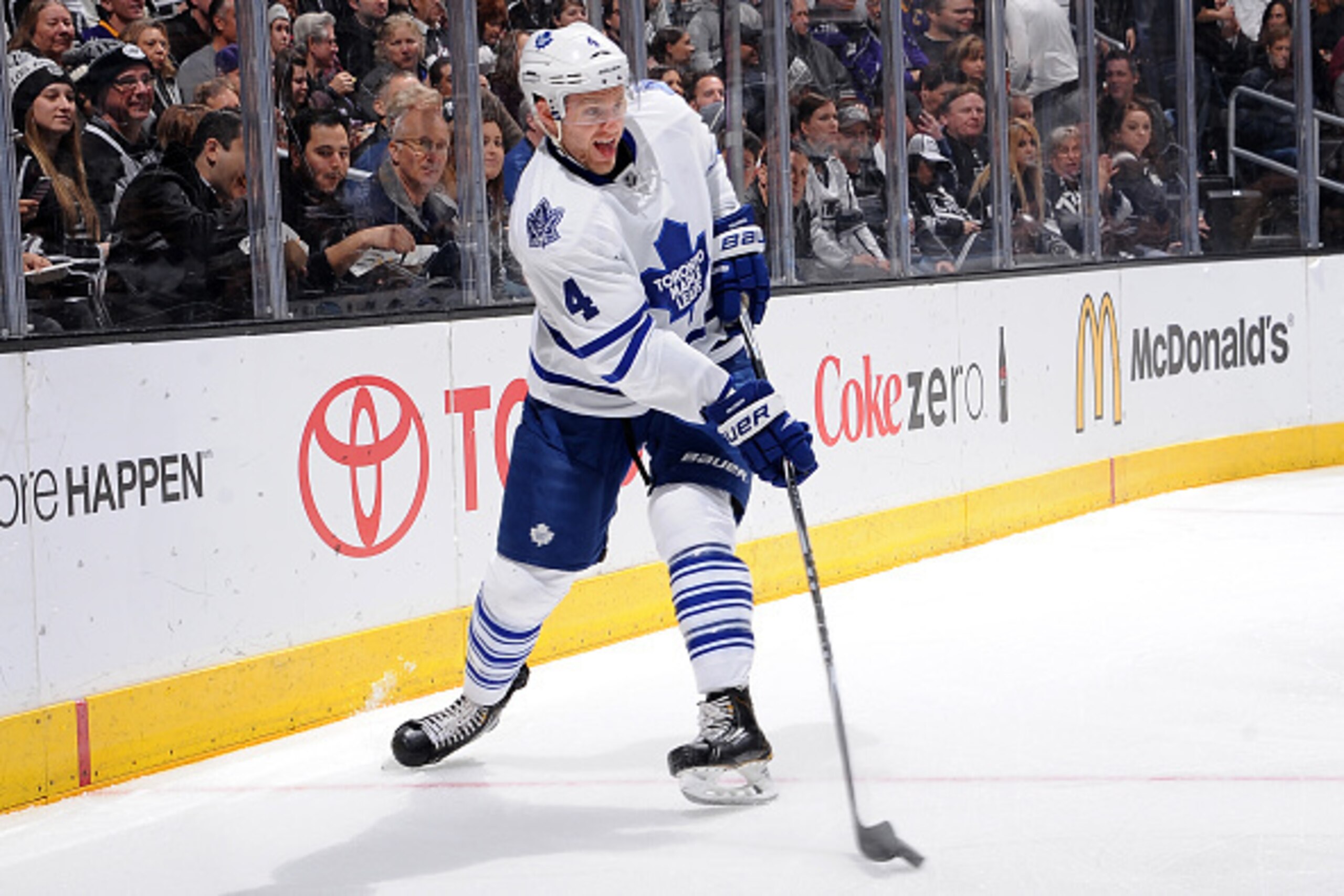 LOS ANGELES, CA - JANUARY 12: Cody Franson #4 of the Toronto Maple Leafs passes the puck during a game against the Los Angeles Kings at STAPLES Center on January 12, 2015 in Los Angeles, California. (Photo by Juan Ocampo/NHLI via Getty Images)