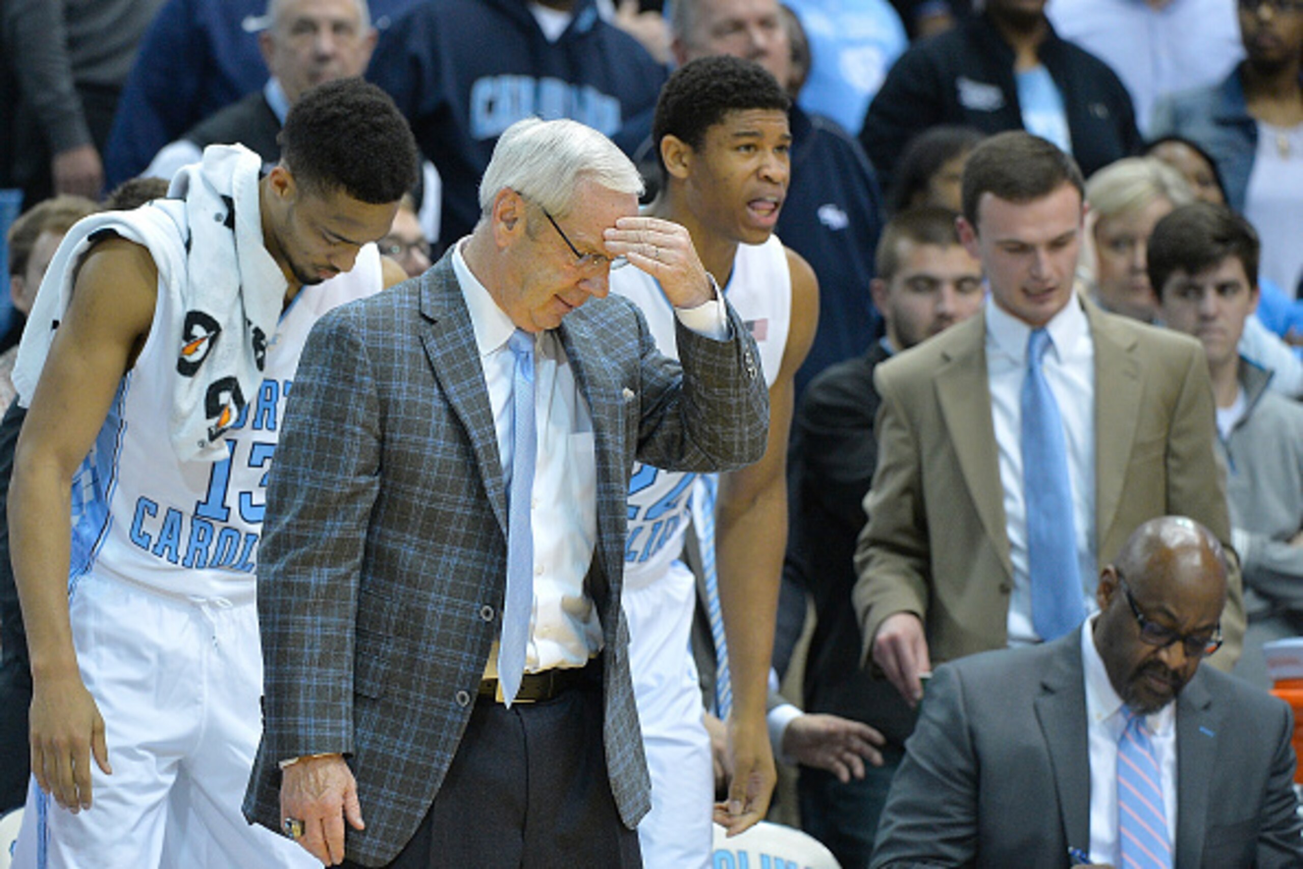 CHAPEL HILL, NC - JANUARY 26:  Head coach Roy Williams of the North Carolina Tar Heels  reacts during their game against the Syracuse Orange at the Dean Smith Center on January 26, 2015 in Chapel Hill, North Carolina. North Carolina won 93-83.  (Photo by 