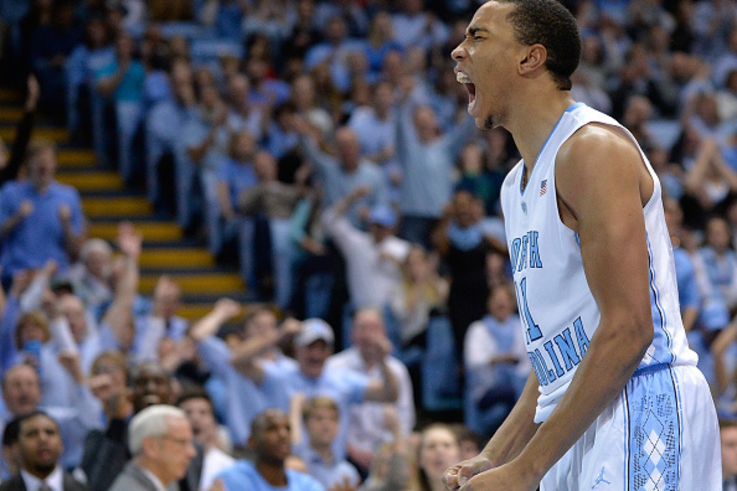 CHAPEL HILL, NC - JANUARY 24:  Brice Johnson #11 of the North Carolina Tar Heels reacts after dunking against the Florida State Seminoles during their game at the Dean Smith Center on January 24, 2015 in Chapel Hill, North Carolina. North Carolina won 78-