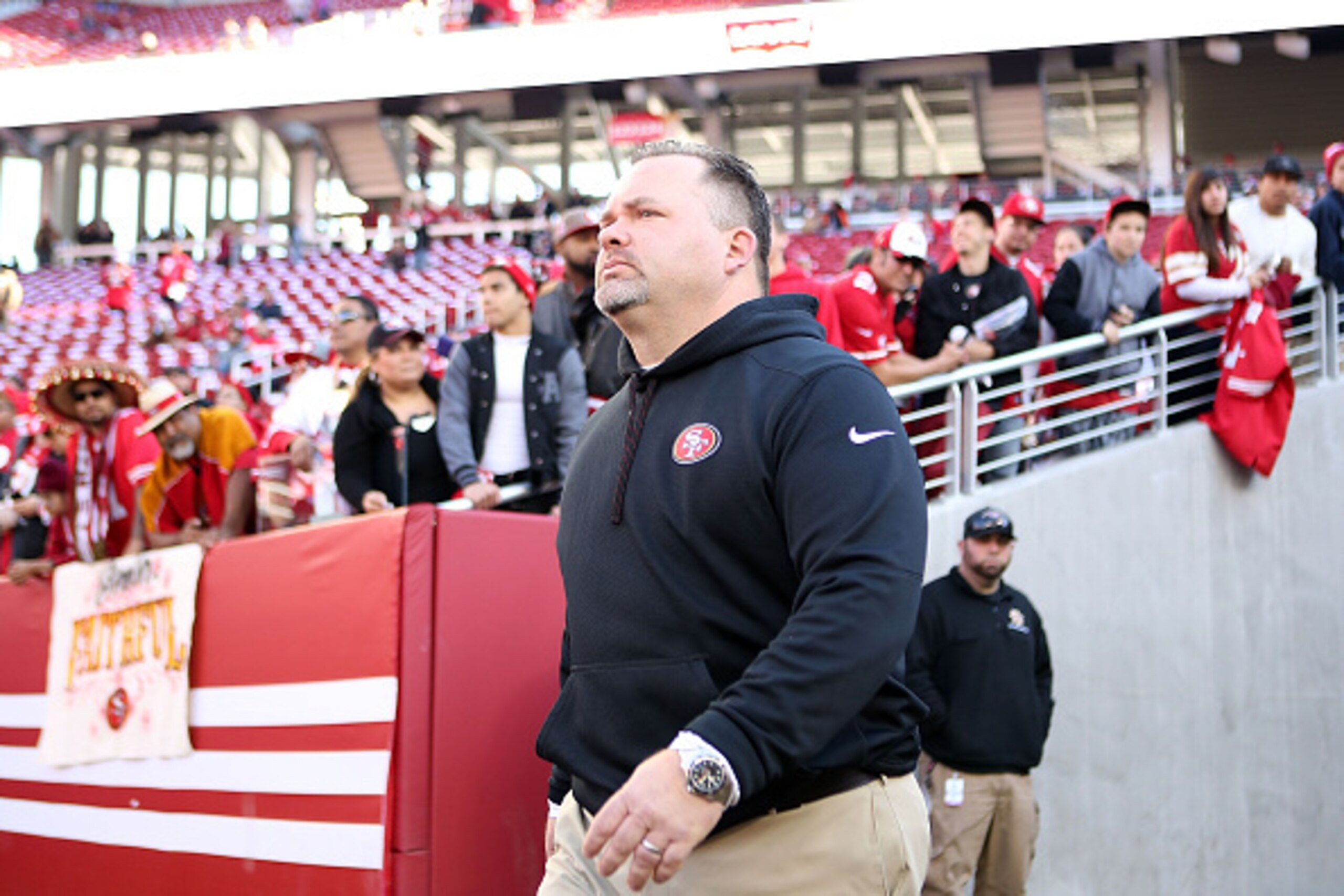 SANTA CLARA, CA - DECEMBER 28: San Francisco 49ers Offensive Coordinator Greg Roman walks onto the field during pregame warm ups against the Arizona Cardinals at Levi's Stadium on December 28, 2014 in Santa Clara, California.  (Photo by Don Feria/Getty Im
