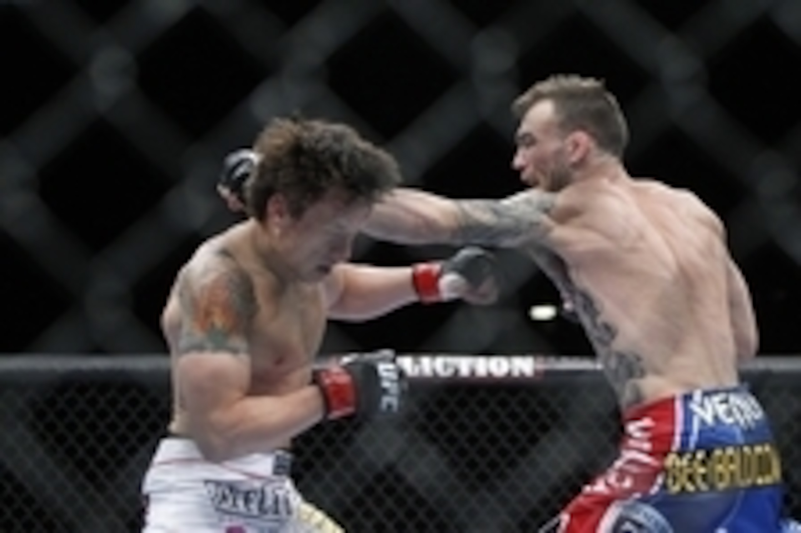 May 25, 2013; Las Vegas, NV, USA; George Roop punches Brian Bowles during UFC 160 at the MGM Grand Garden Arena. Mandatory Credit: Gary A. Vasquez-USA TODAY Sports