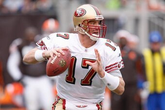 CLEVELAND - DECEMBER 30:  Chris Weinke #17 of the San Francisco 49ers looks for an open receiver against the Cleveland Browns on December 30, 2007 at Cleveland Browns Stadium in Cleveland, Ohio. (Photo By Gregory Shamus/Getty Images)