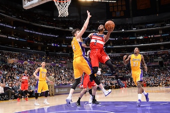 LOS ANGELES, CA -  JANUARY 27: John Wall #2 of the Washington Wizards goes up for a shot against the Los Angeles Lakers on January 27, 2015 at STAPLES Center in Los Angeles, California. NOTE TO USER: User expressly acknowledges and agrees that, by downloa