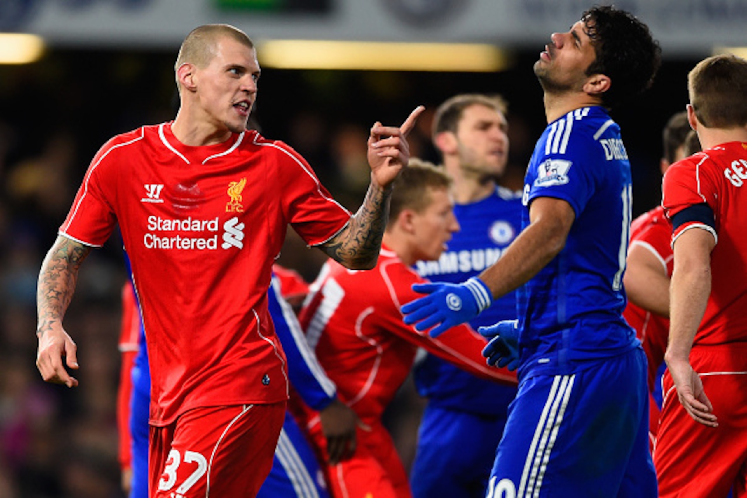 LONDON, ENGLAND - JANUARY 27: Martin Skrtel of Liverpool clashes with Diego Costa of Chelsea during the Capital One Cup Semi-Final second leg between Chelsea and Liverpool at Stamford Bridge on January 27, 2015 in London, England. (Photo by Mike Hewitt/ LONDON, ENGLAND - JANUARY 27: Martin Skrtel of Liverpool clashes with Diego Costa of Chelsea during the Capital One Cup Semi-Final second leg between Chelsea and Liverpool at Stamford Bridge on January 27, 2015 in London, England. (Photo by Mike Hewitt/