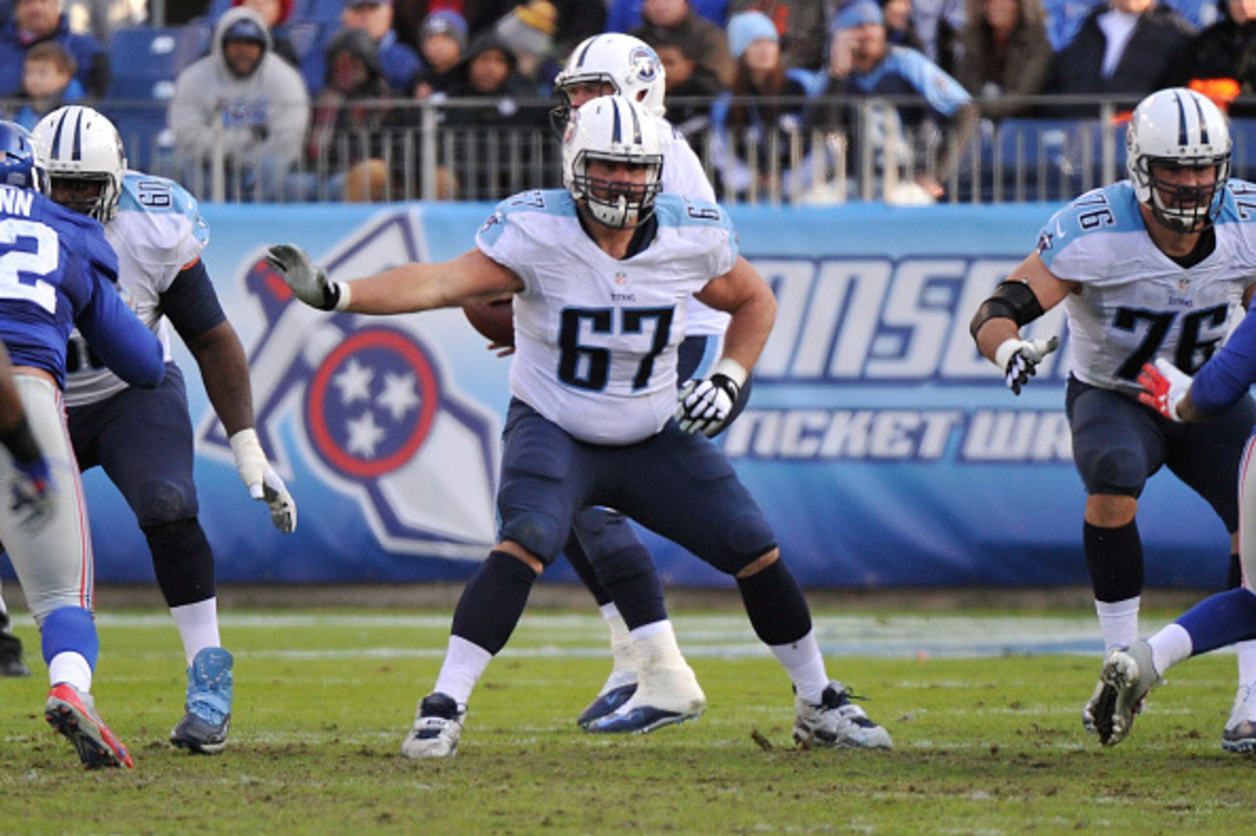 NASHVILLE, TN - DECEMBER 07:  Andy Levitre #67 of the Tennessee Titans plays against the New York Giants at LP Field on December 7, 2014 in Nashville, Tennessee.  (Photo by Frederick Breedon/Getty Images)