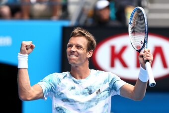 MELBOURNE, AUSTRALIA - JANUARY 27:  Tomas Berdych of the Czech Republic celebrates winning his quarterfinal match against Rafael Nadal of Spain during day nine of the 2015 Australian Open at Melbourne Park on January 27, 2015 in Melbourne, Australia.  (Ph